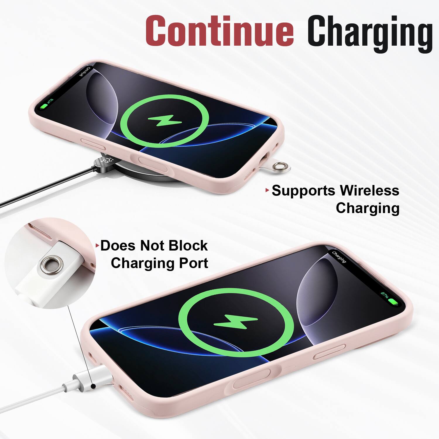 Continue Charging

- Supports Wireless Charging
- Does Not Block Charging Port