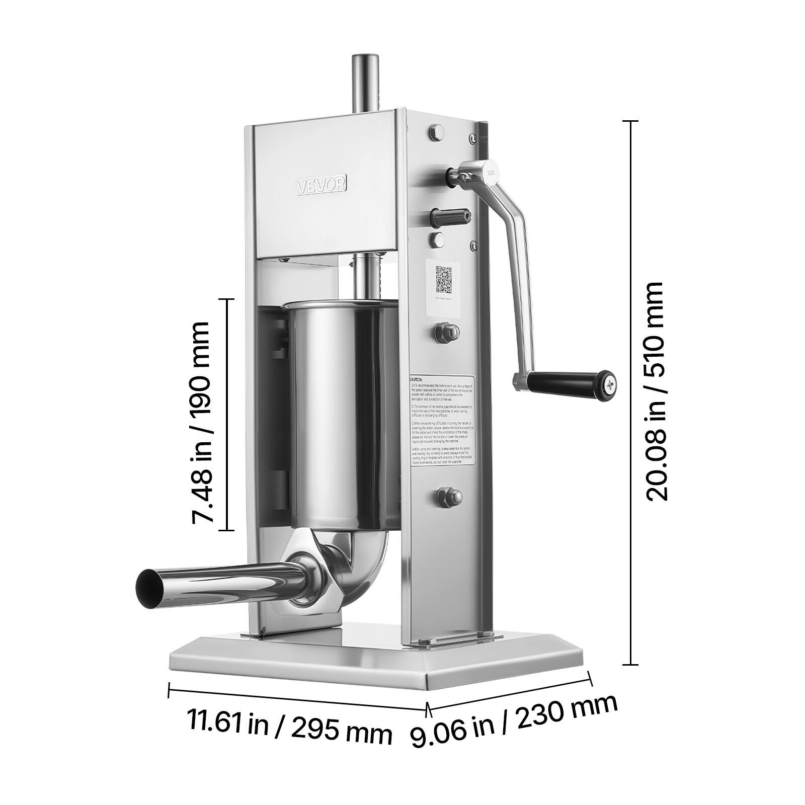 VEVOR  
190 mm / 7.48 in  
510 mm / 20.08 in  
230 mm / 9.06 in  
11.61 in / 295 mm