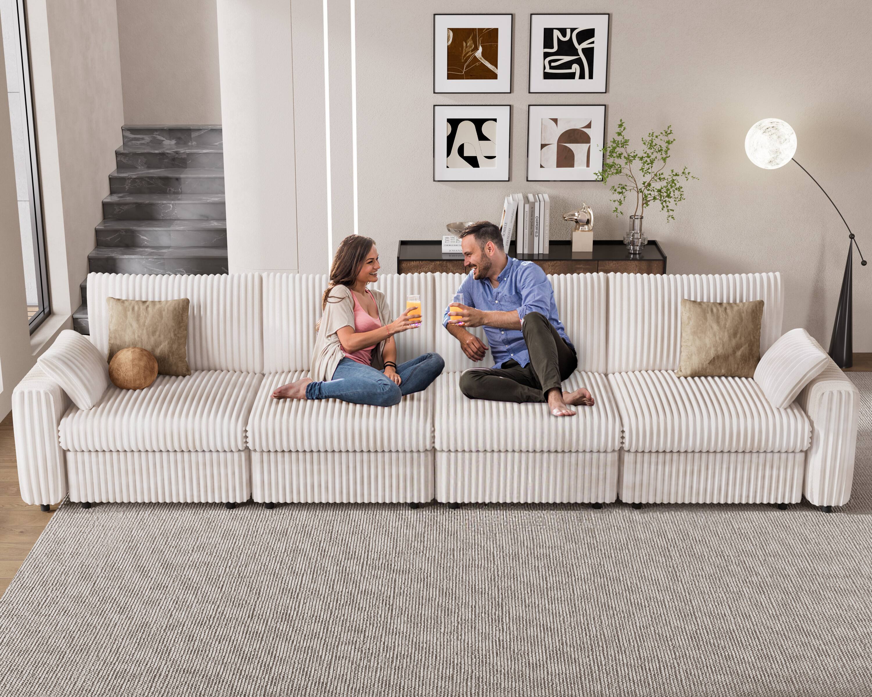 Left. Vipbear - 170" Modern Oversized Modular Sectional Sofa Plush Corduroy Fabric, Sectional Couch with Deep Seat, Tool-Free Assembly - White.
