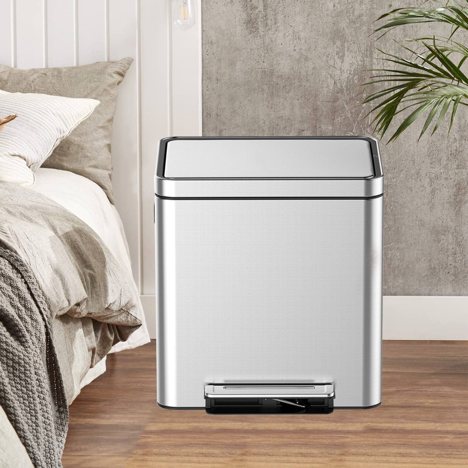 Left. Homhougo - Dual Trash Can With Recycle Bin, Brushed Stainless Steel Garbage Can with Soft-Close Lid - 18L*2.