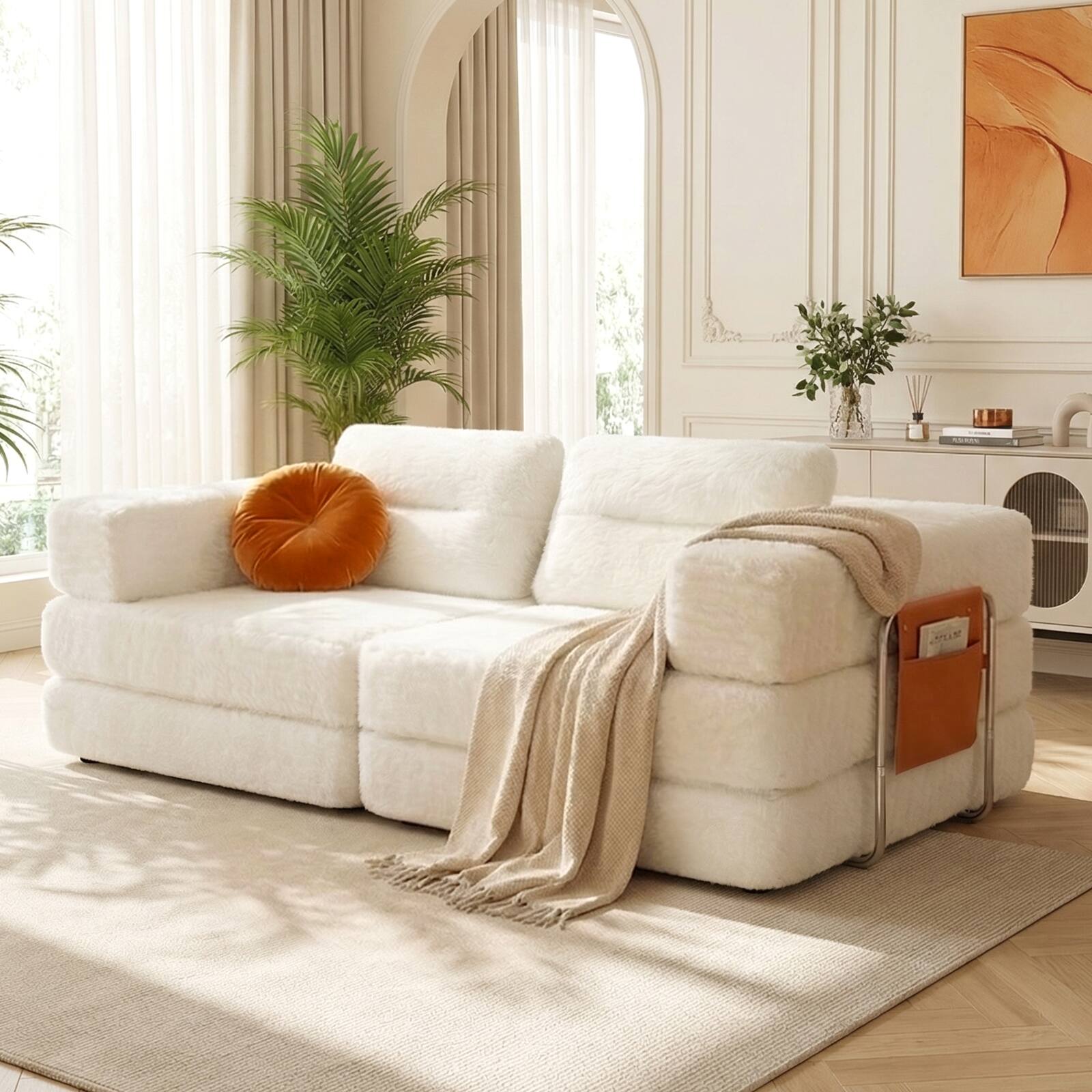 Angle. Pinmoco - 81.5'' Modular Sectional Sleeper Sofa Bed, Convertible L Shaped Couch with Pillows and Storage - White.
