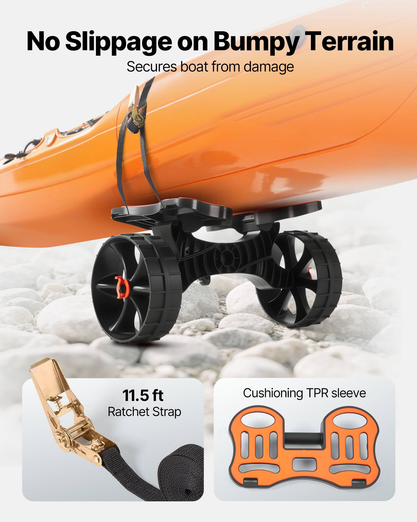 No Slippage on Bumpy Terrain  
Secures boat from damage  

11.5 ft Ratchet Strap  
Cushioning TPR sleeve