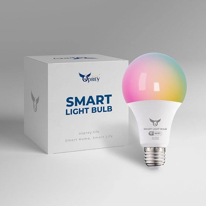 Sure, here is the corrected and grouped text:

**Box:**
- Osprey
- SMART LIGHT BULB
- osprey.life
- Smart Home, Smart Life

**Bulb:**
- SMART LIGHT BULB
- WiFi
- 9W
- 800 LUMENS