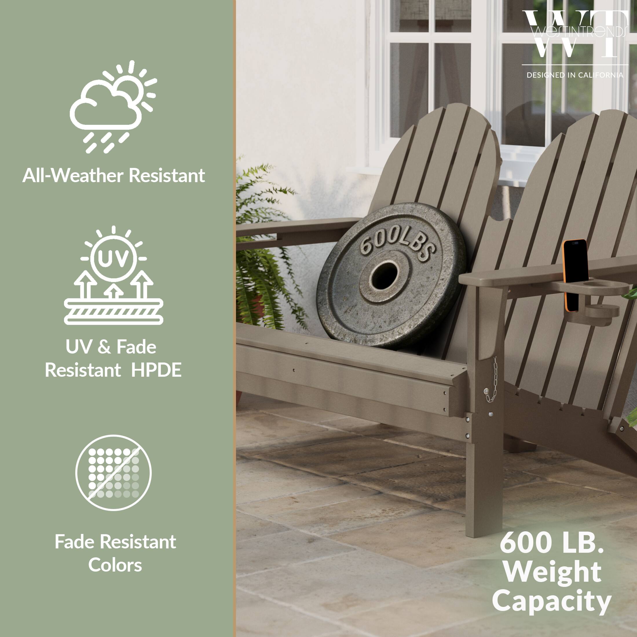WIT WOSTINTRENDS VVI  
DESIGNED IN CALIFORNIA  
All-Weather Resistant  
UV & Fade Resistant HPDE  
Fade Resistant Colors  
600 LB. Weight Capacity