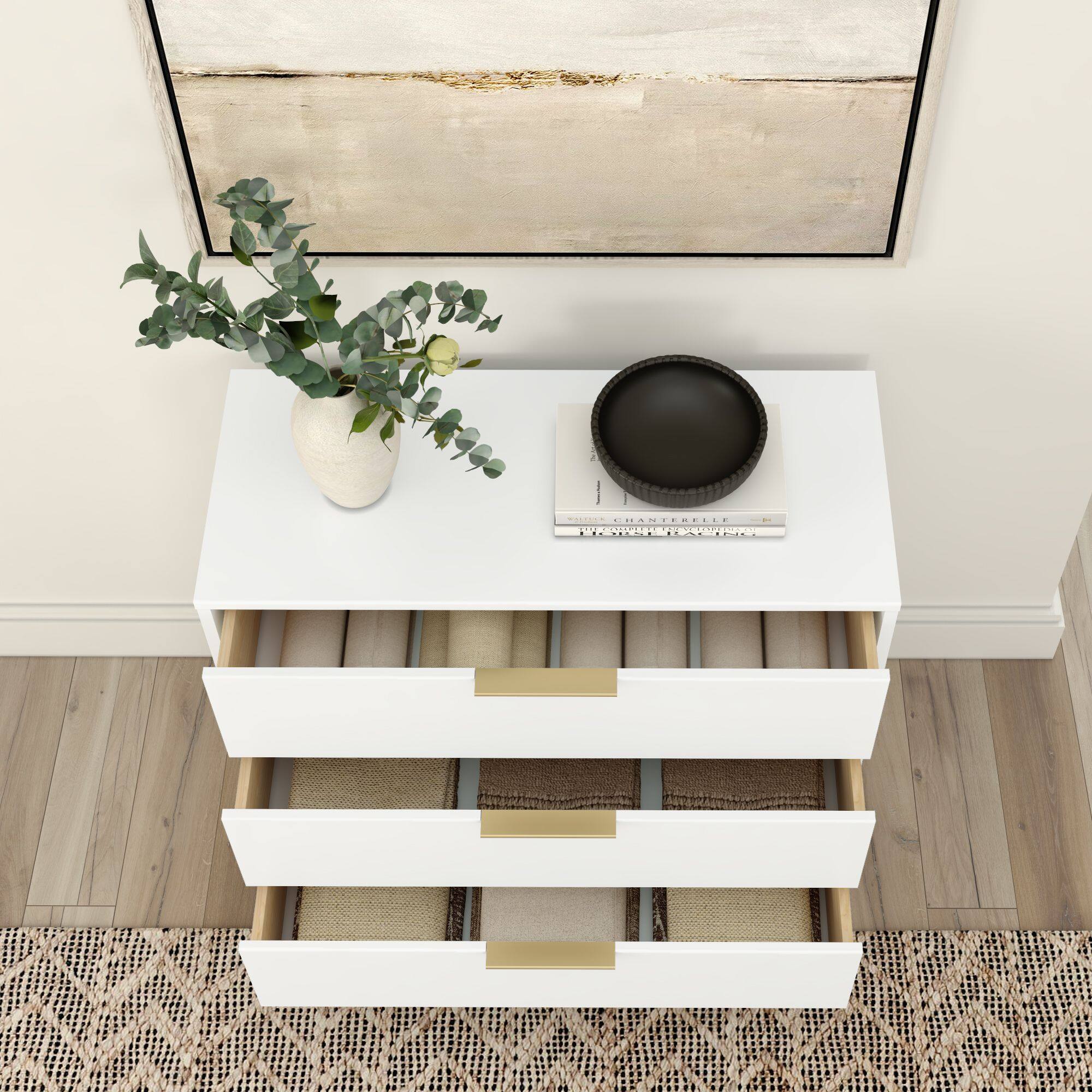Alt View 5. Plank+Beam - Haven 3 Drawer Dresser with Brass Handle, White - White.