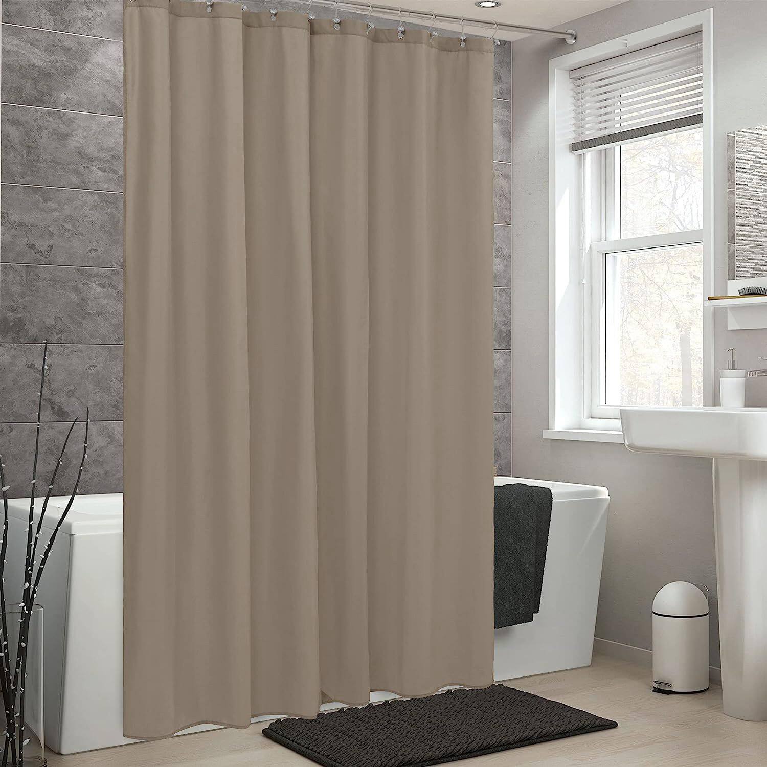 Angle. Kate Aurora - Montauk Accents Bliss Linen/Taupe Water Resistant Fabric Shower Liner - Standard Size - Brown.