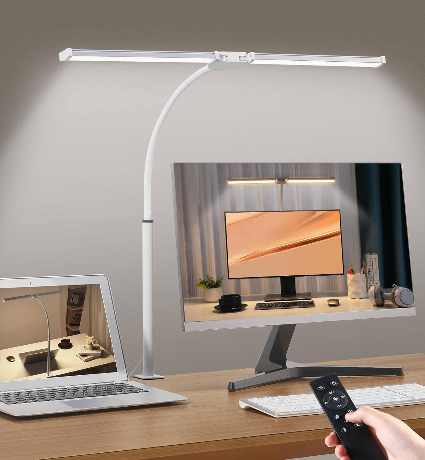 The Best Inks - Black Desk Lamp Light Led Clamp Smart Home Office Care Architect with Double Head Computer Monitor Table - White and Sliver