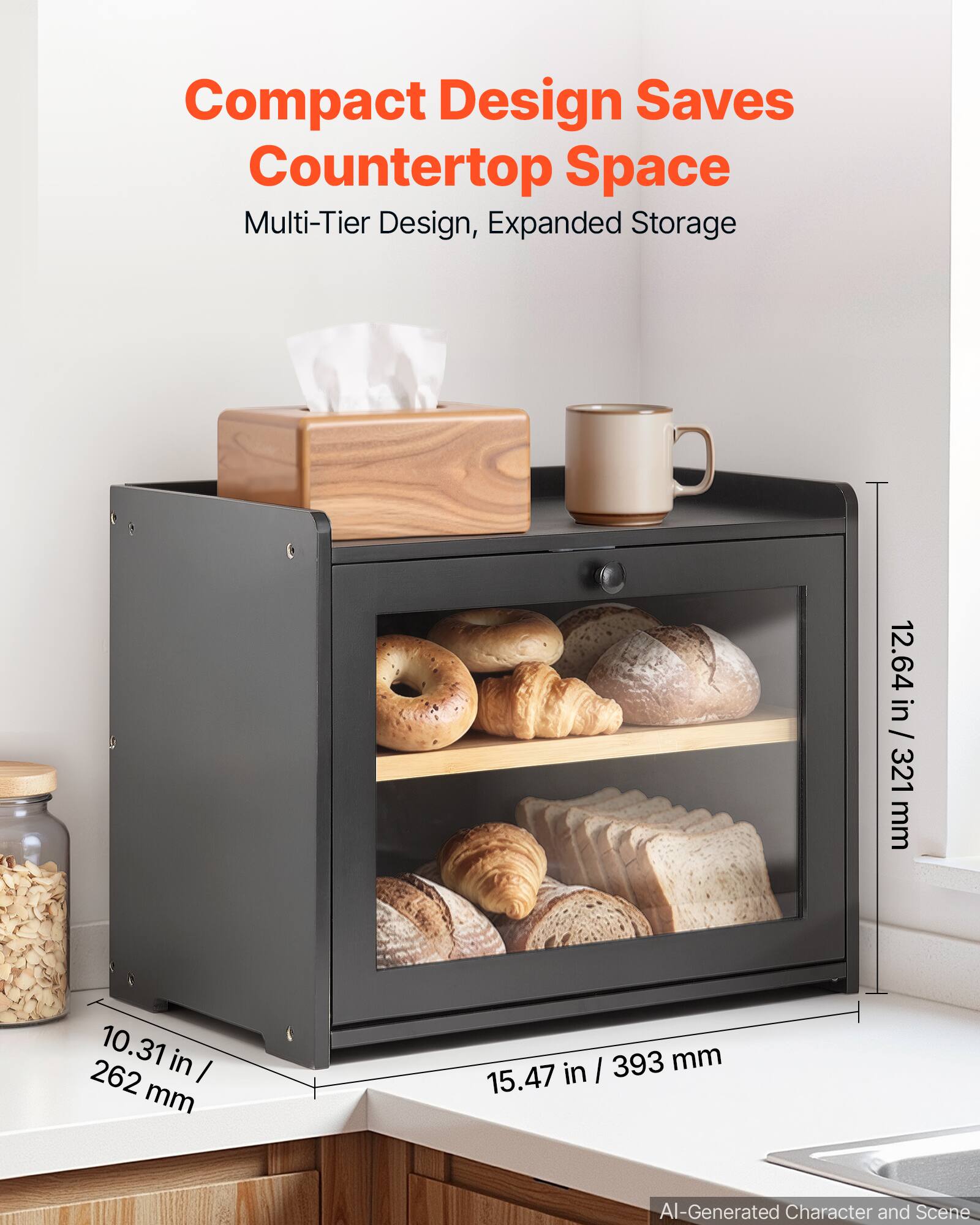 Compact Design Saves Countertop Space  
Multi-Tier Design, Expanded Storage  

12.64 in / 321 mm  
10.31 in / 262 mm  
15.47 in / 393 mm  

AI-Generated Character and Scene
