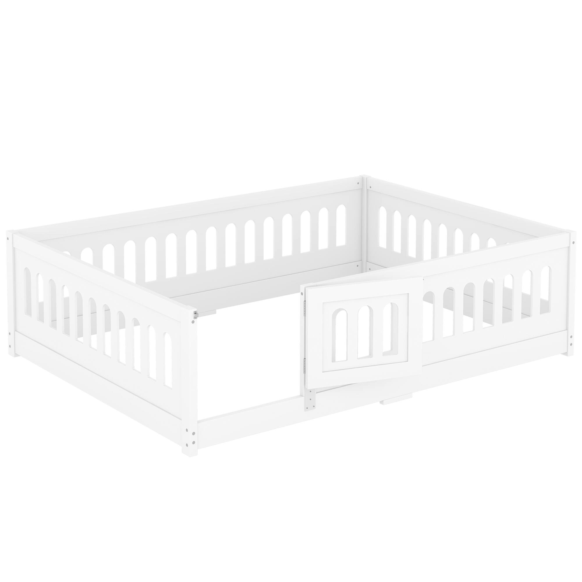 Alt View 6. Tiramisubest - Full Size Floor Bed with Heightened Safety Guardrails and Door, Solid Wood Bedframe with Rails No Slats Included, White - White.