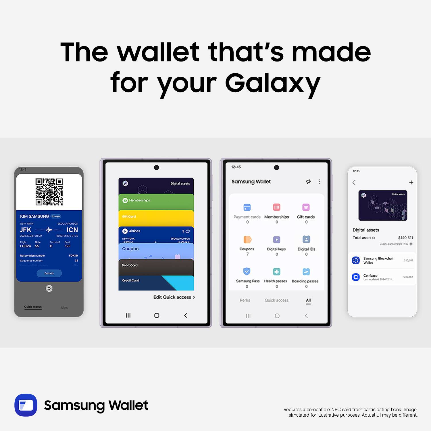 The wallet that's made for your Galaxy

Samsung Wallet - Remberares KIM SAMSUNG - NWT SEALMETSIN JFK ICN 23/20 MVRS mur Seu - Suc LHO24 SS . 12 Rsra -TAT FM4 Seoutrr - B onm tuaa Artnes SEWTORE Coupon Deet a a MAETE Payment cands Memberships Oif cardis  Coupons Digital keys Digital Ds 7 C 0 Digital assots Total asses . $140,871 - son  . . Samoung Bokchan SR/ watter Estals Ce cor Samoung Pass Health passes Boarding psseS e Cumbase i  - - 100.000 Edit Quick access 5 Porks Quick access as ME S Samsung Wallet Requires - compatible NFC card from participating bank

Image simulated for Illustrative purposes Actual U may be different
