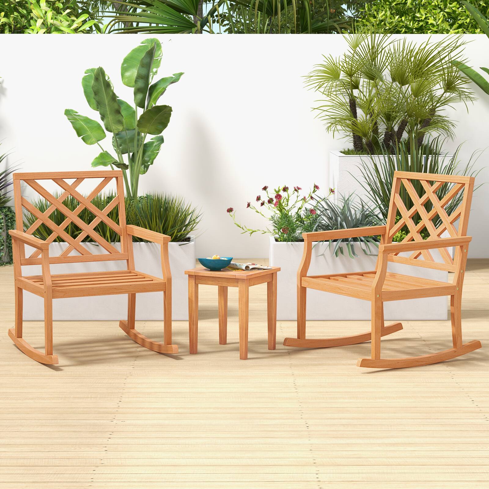 Alt View 5. Costway - Costway 1 PCS Teak Wood Rocking Chair with Backrest and Slatted Seat Backyard and Lawn - Natural.