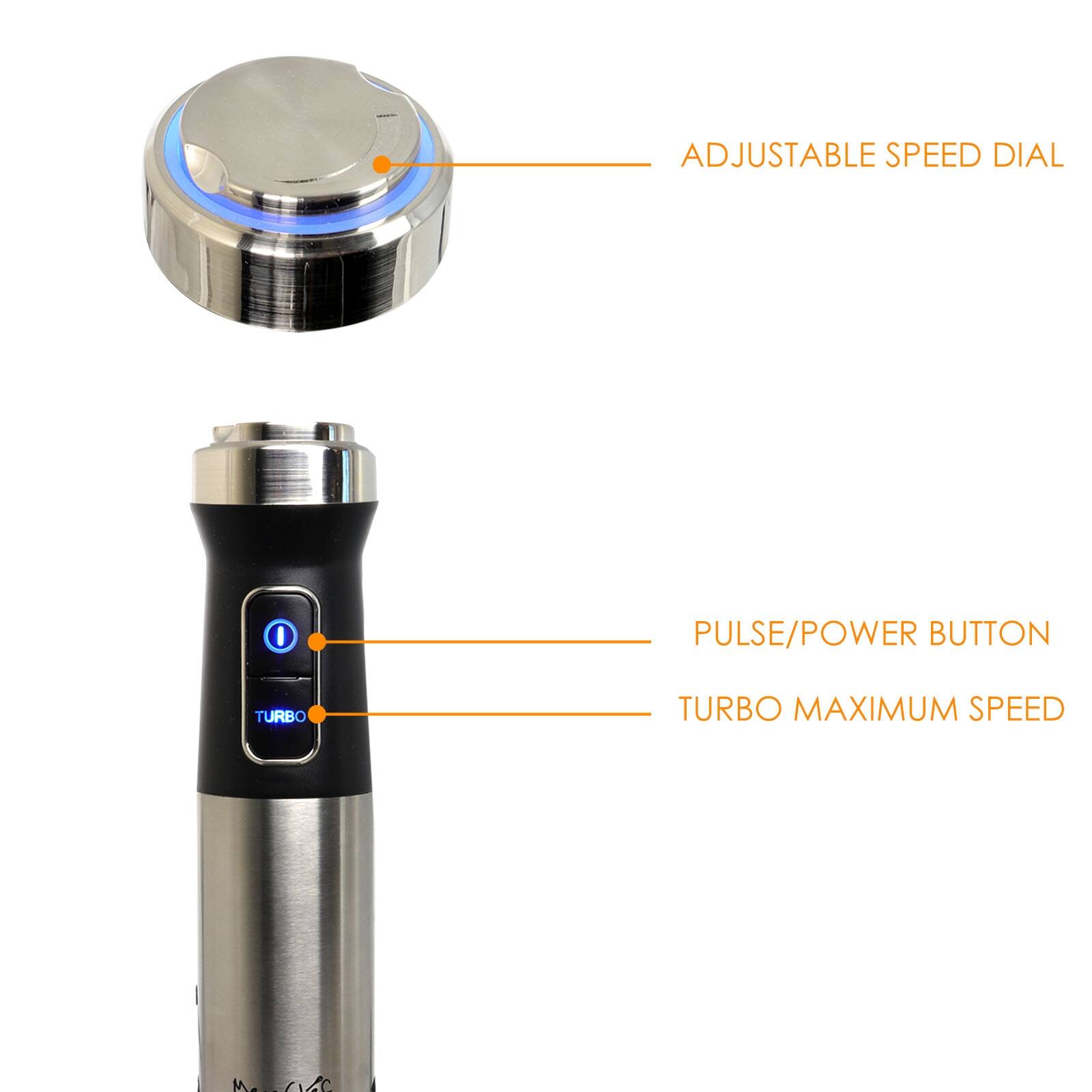 ADJUSTABLE SPEED DIAL, PULSE/POWER BUTTON, TURBO MAXIMUM SPEED