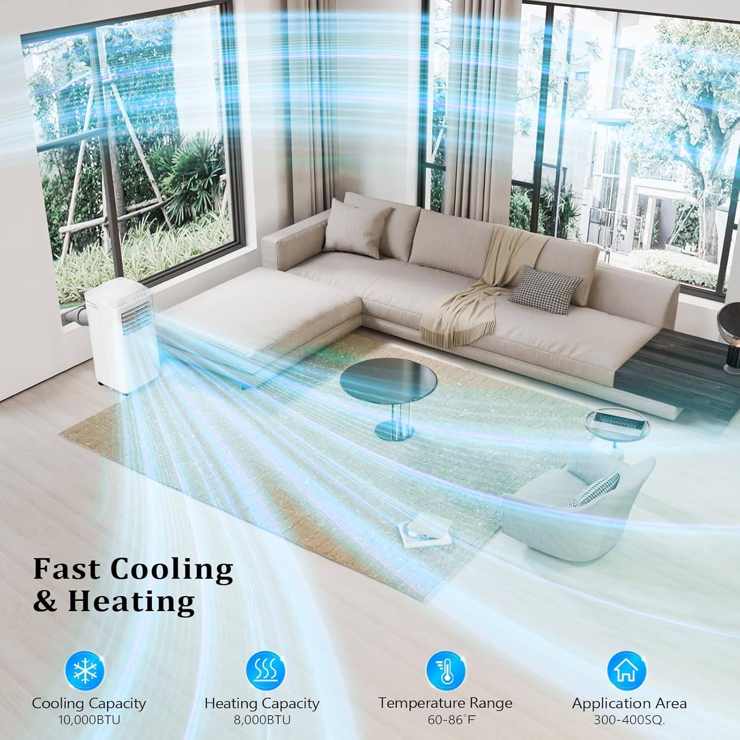 Fast Cooling & Heating  
Cooling Capacity: 10,000BTU  
Heating Capacity: 8,000BTU  
Temperature Range: 60-86°F  
Application Area: 300-400SQ