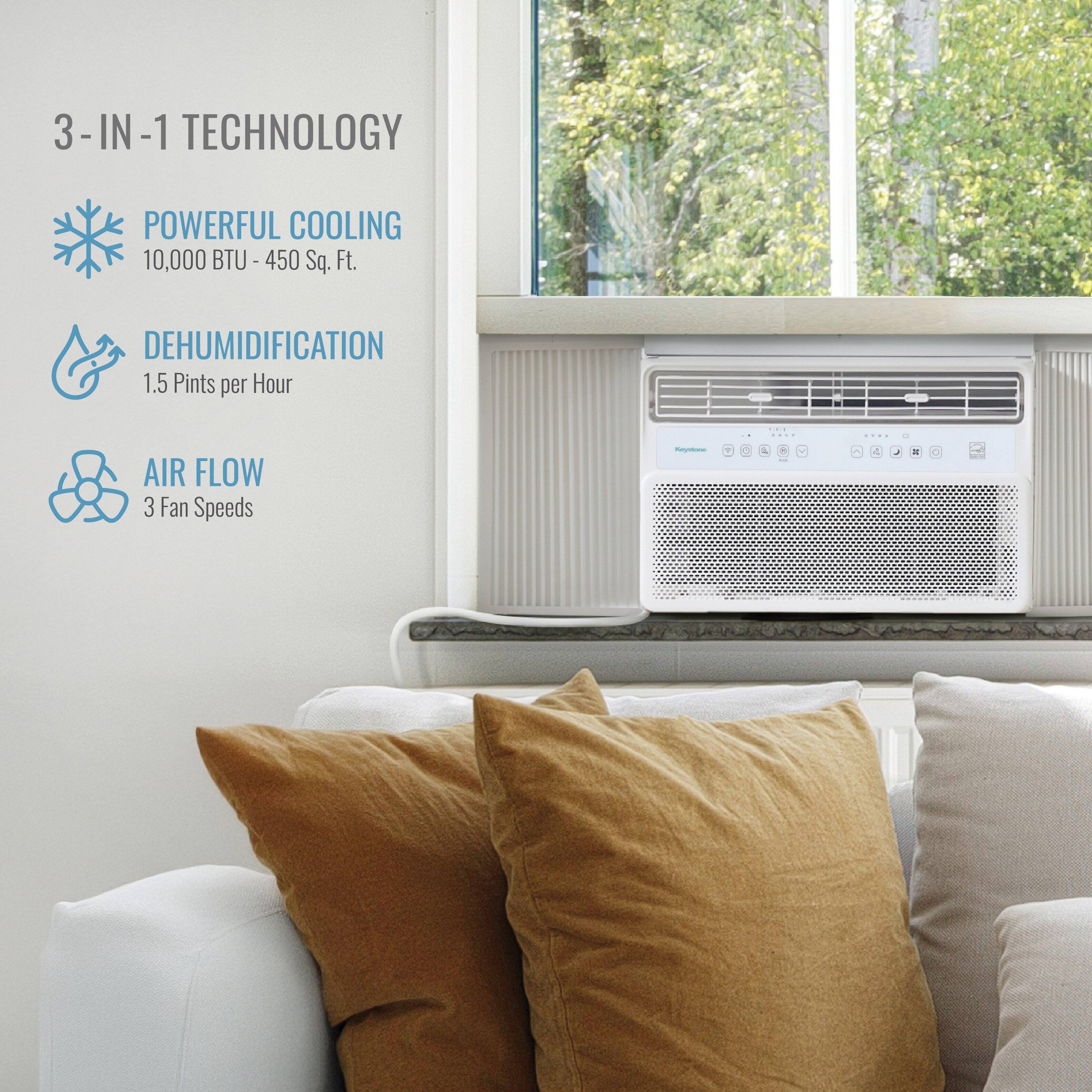 3-IN-1 TECHNOLOGY

POWERFUL COOLING  
10,000 BTU - 450 Sq. Ft.

DEHUMIDIFICATION  
1.5 Pints per Hour

AIR FLOW  
3 Fan Speeds