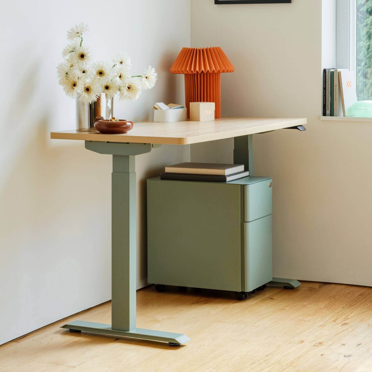 Left. Branch Furniture - Branch Small Filing Cabinet – Compact Office Storage, Lockable Drawers, Durable Design for Organization - Sage.