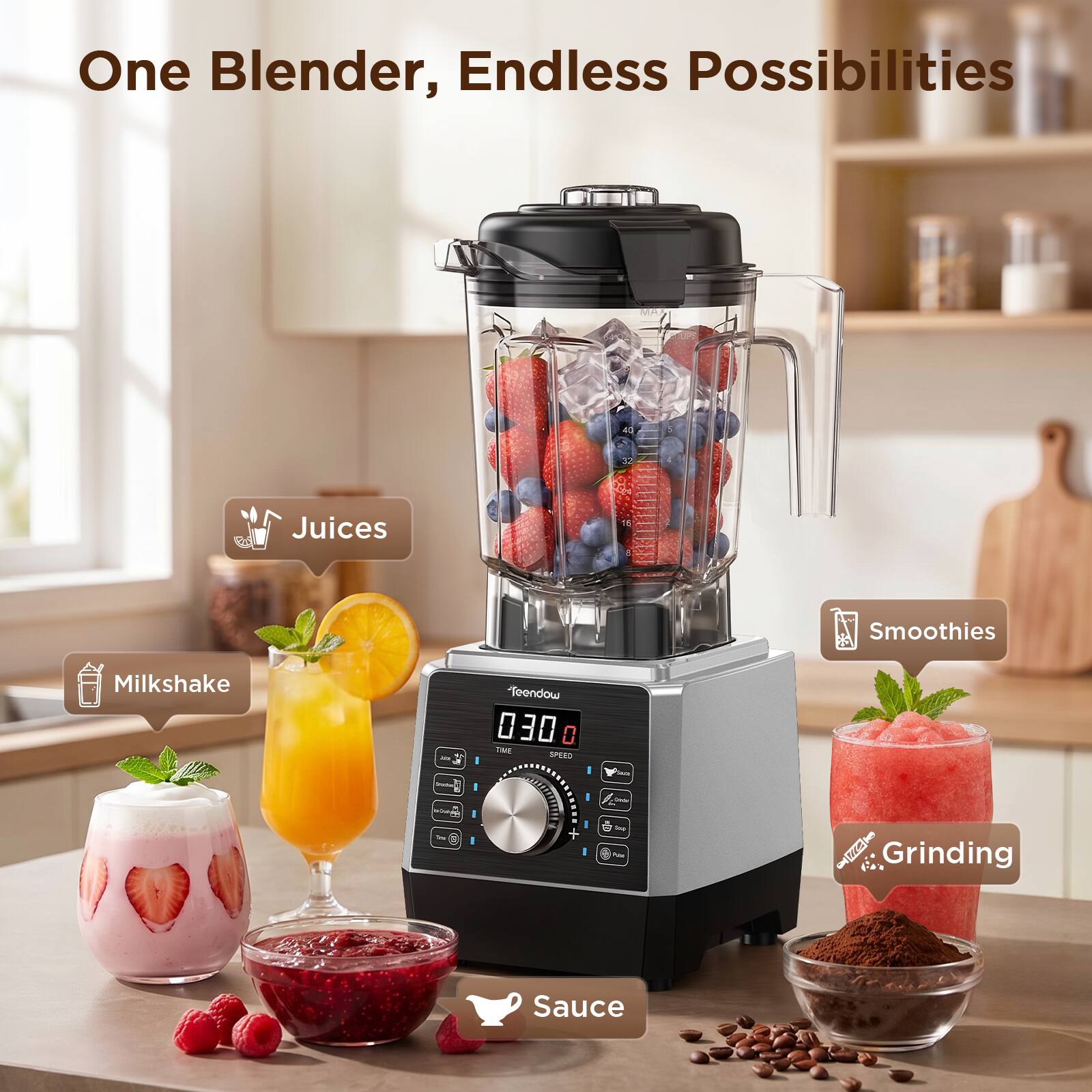 One Blender, Endless Possibilities

32 Juices

95 Smoothies

Milkshake

40 Teendow 030 0 TIME SPEED

while Comber

ACCISIINE Grinding

Sauce