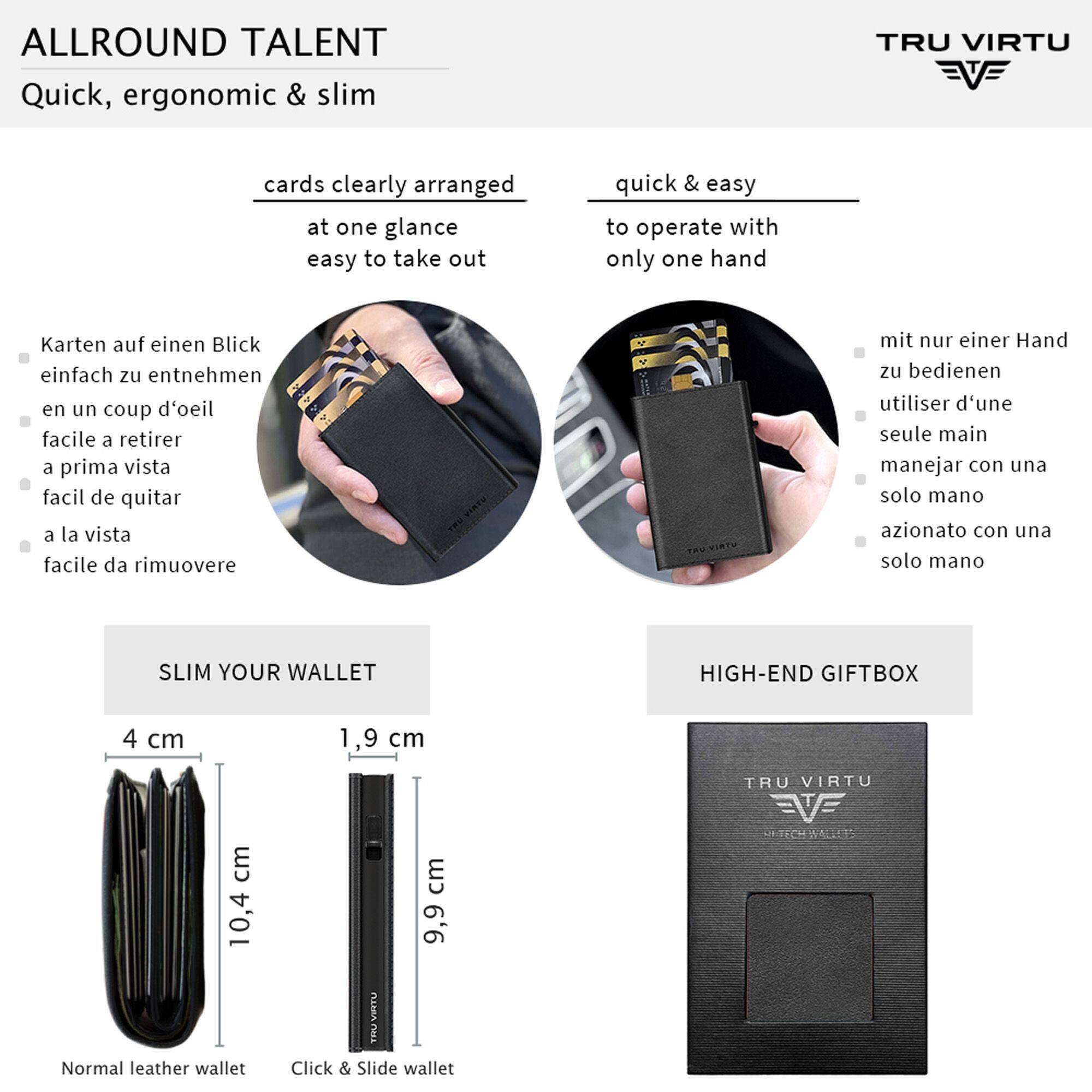ALLROUND TALENT  
Quick, ergonomic & slim

cards clearly arranged  
at one glance  
easy to take out

Karten auf einen Blick  
einfach zu entnehmen  
en un coup d'oeil  
facile à retirer  
a prima vista  
facil de quitar  
a la vista

quick & easy  
to operate with  
only one hand

mit nur einer Hand zu bedienen  
utiliser d'une seule main  
manejar con una sola mano  
azione con una sola mano

SLIM YOUR WALLET

4 cm  
1,9 cm

Normal leather wallet  
10,4 cm

Click & Slide wallet  
9,9 cm

HIGH-END GIFTBOX