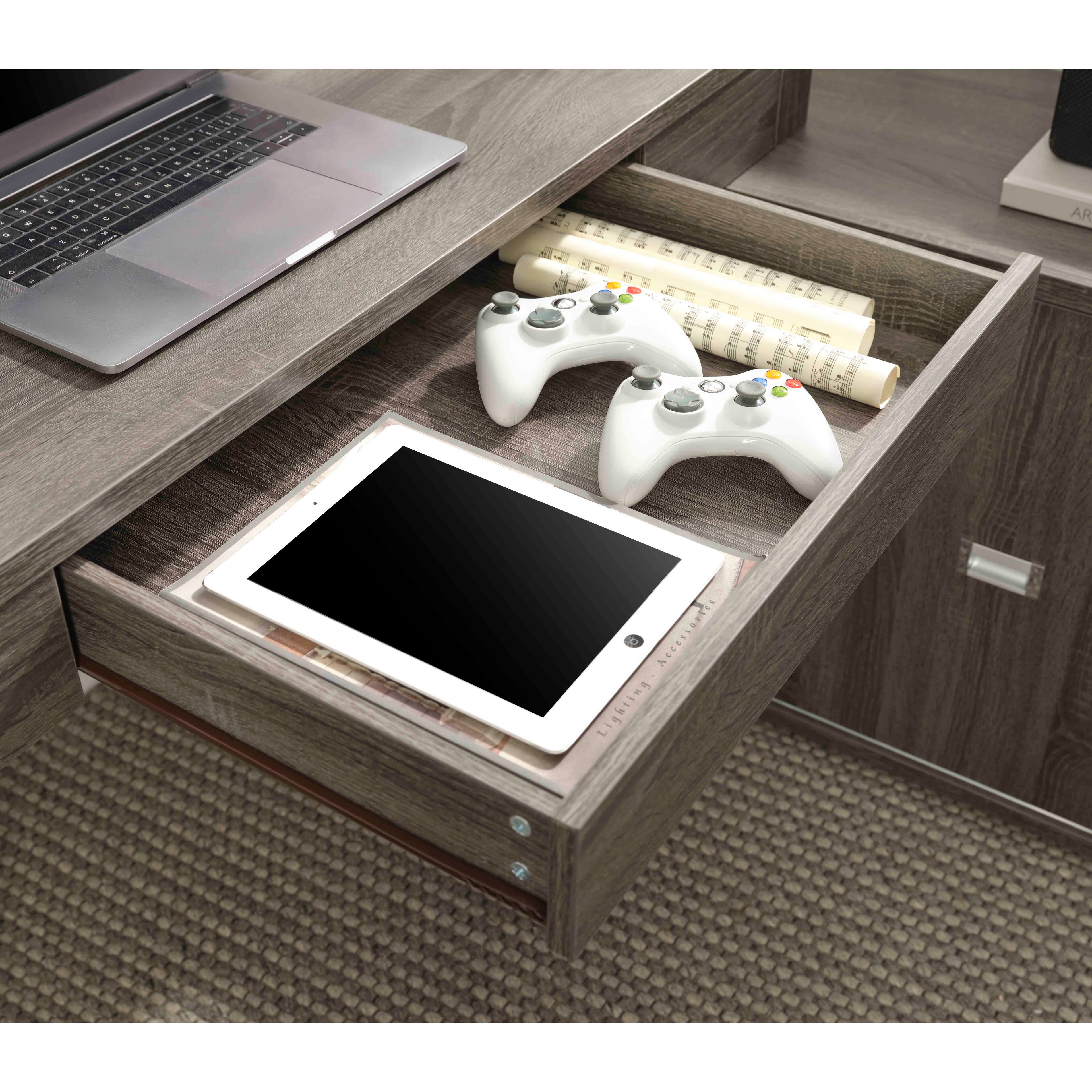 Left. TinyHomie - L-shaped workstation home office desk grey mini hutch return credenza sliding door aluminum metal hardware - Grey.