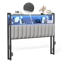 Winado - Full Size Adjustable Upholstered Headboard Only with 2 Tier Shelves and Pegboard with Charging Stations and LED Lights - Linen & Dark Gray