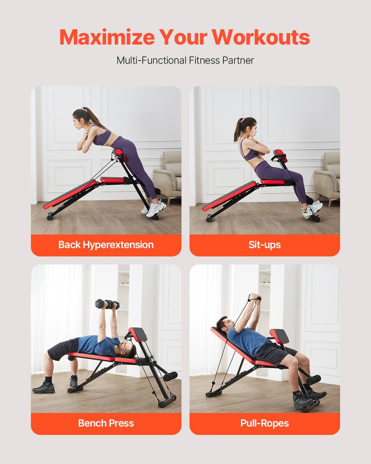 Maximize Your Workouts  
Multi-Functional Fitness Partner  

- Back Hyperextension  
- Sit-ups  
- Bench Press  
- Pull-Ropes
