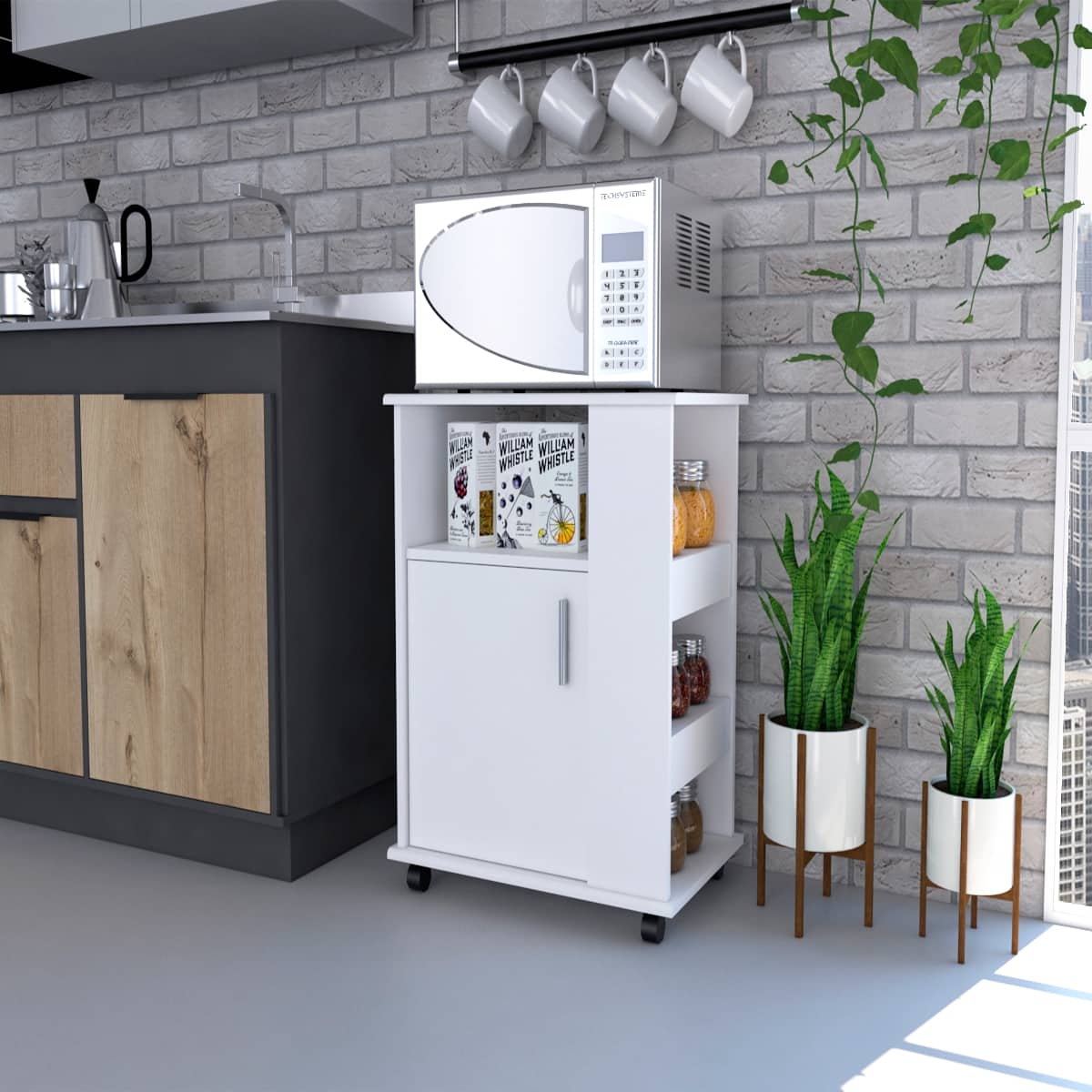 Loheer - Microwave Stand Single Door Kitchen Cabinet 29-Inch High Pantry - White