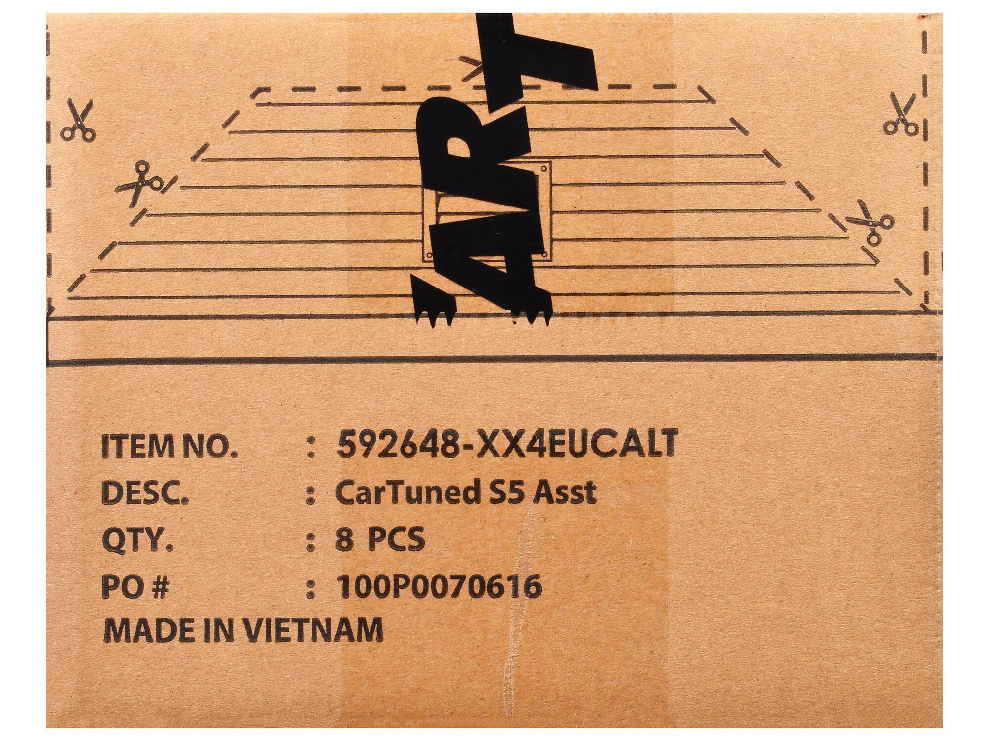 ITEM NO. : 592648-XX4EUCALT  
DESC. : CarTuned S5 Asst  
QTY. : 8 PCS  
PO # : 100P0070616  
MADE IN VIETNAM