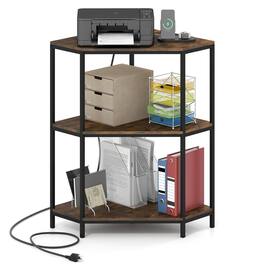 Ecooso - 3-Tier Corner Printer Stand with Charging Station, Metal Frame, Space-Saving Storage Shelf - Rustic Brown & Black