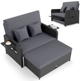Costway - 2 PCS PE Wicker Outdoor Daybed with 4-Level Adjustable Backrest, Storage Ottoman - Gray,Black
