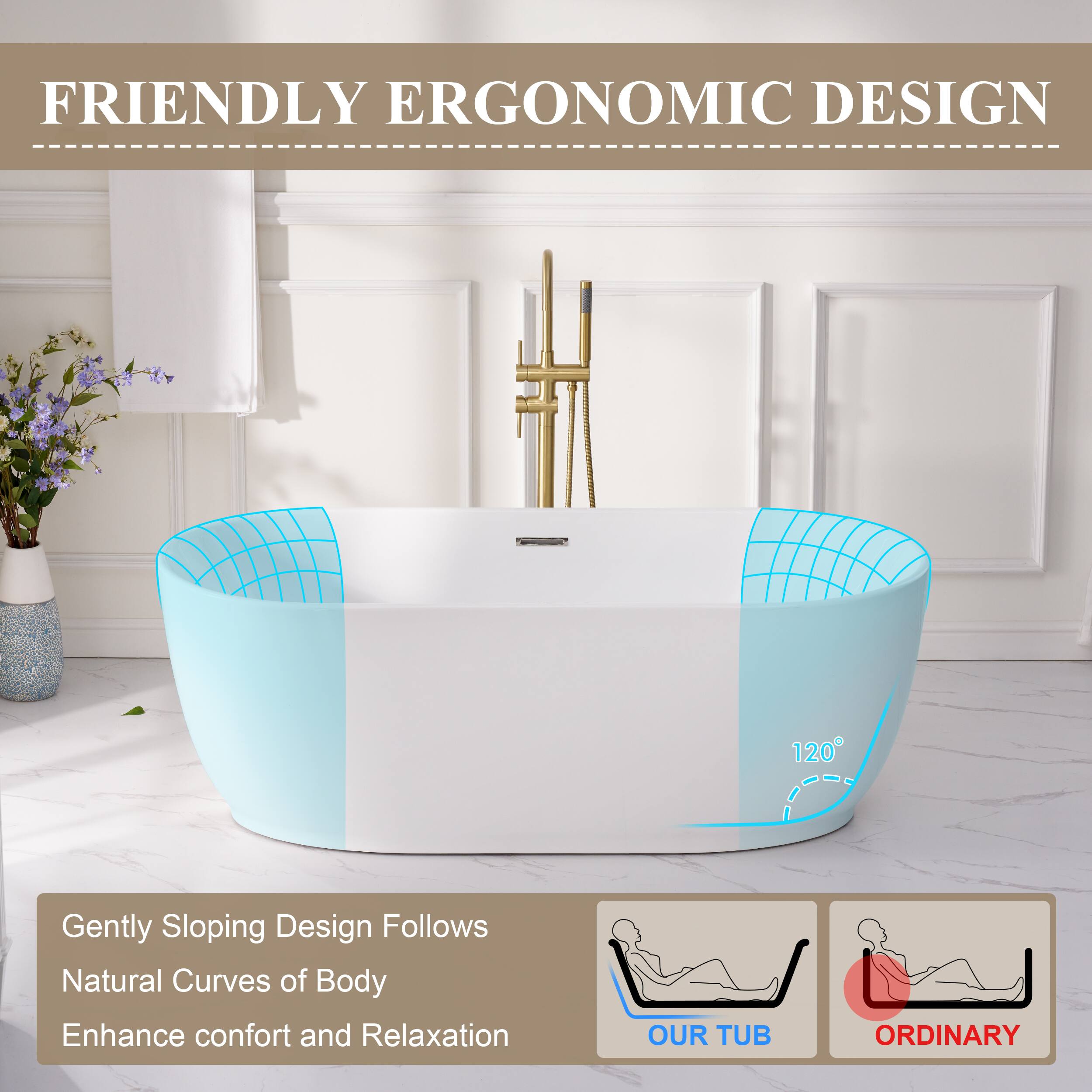 FRIENDLY ERGONOMIC DESIGN

Gently Sloping Design Follows Natural Curves of Body
Enhance comfort and Relaxation

OUR TUB ORDINARY