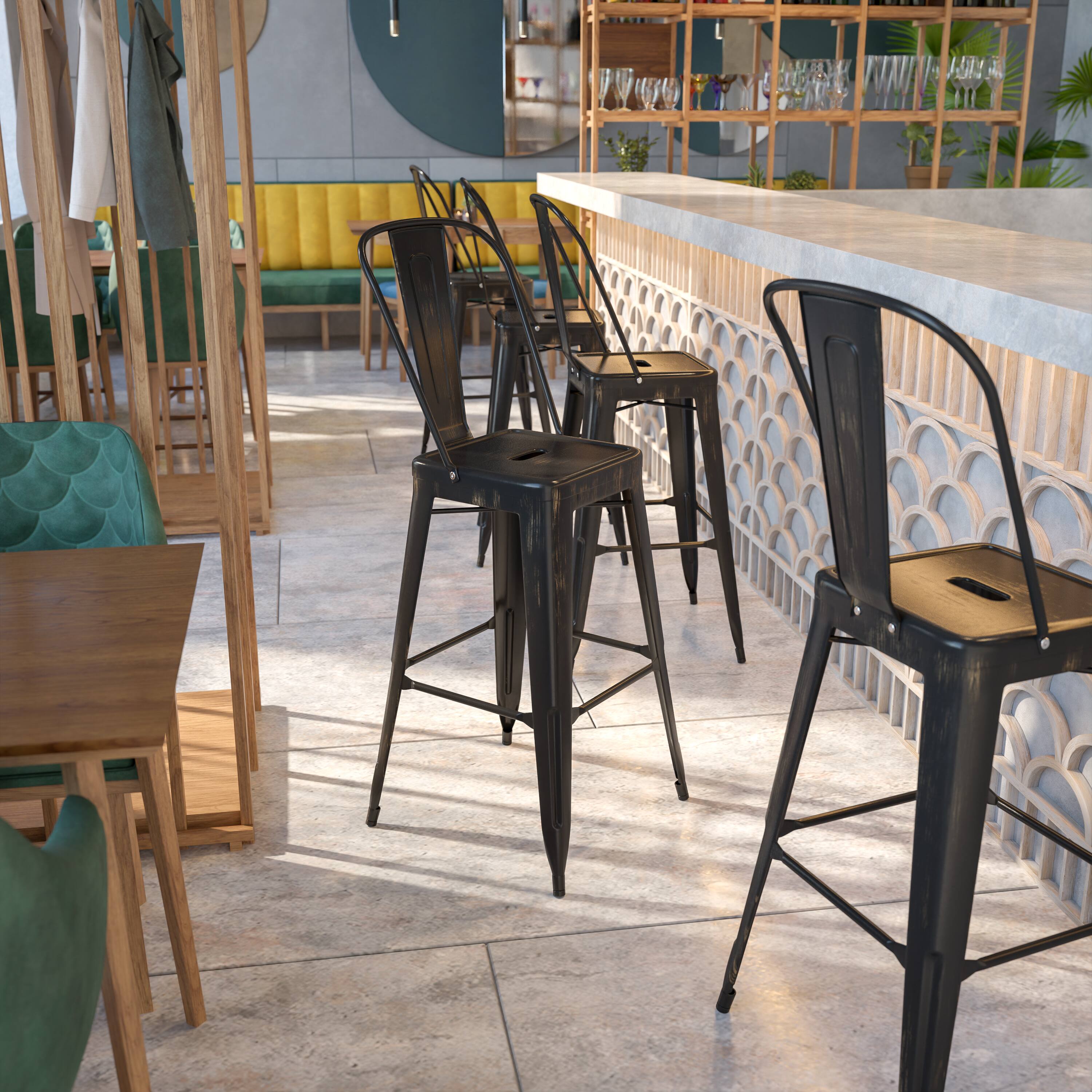 Alt View 1. Emma + Oliver - Commercial Grade 30"H Colorful Metal Indoor-Outdoor Barstool with Back - Black-Antique Gold.