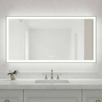 Front. Kadyn - 72x36 Inch Wall-to-Wall Rectangle LED Bathroom Mirror with Black Frame - Black.