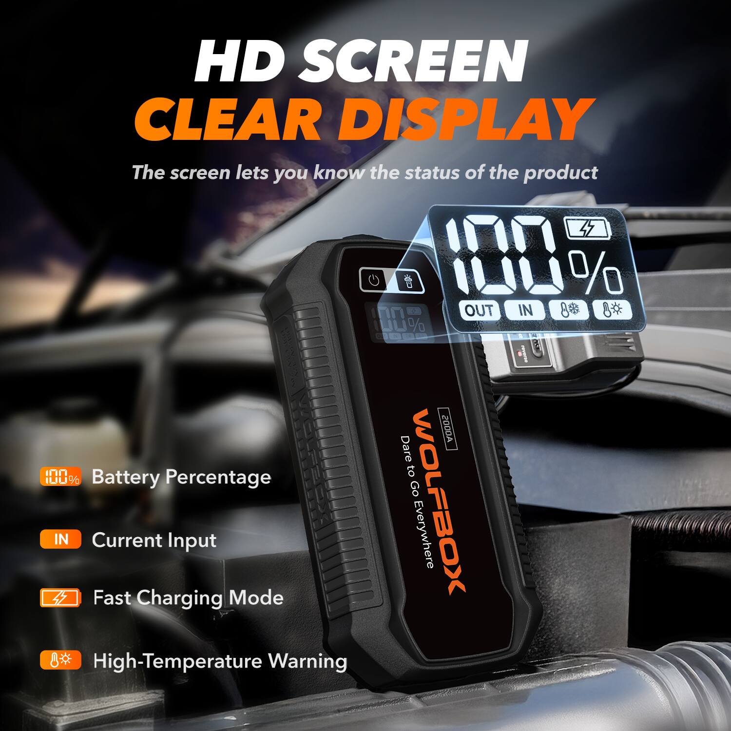 HD SCREEN CLEAR DISPLAY  
The screen lets you know the status of the product  

100% Battery Percentage  
IN Current Input  
Fast Charging Mode  
High-Temperature Warning  

WOLFBOX  
Dare to Go Everywhere