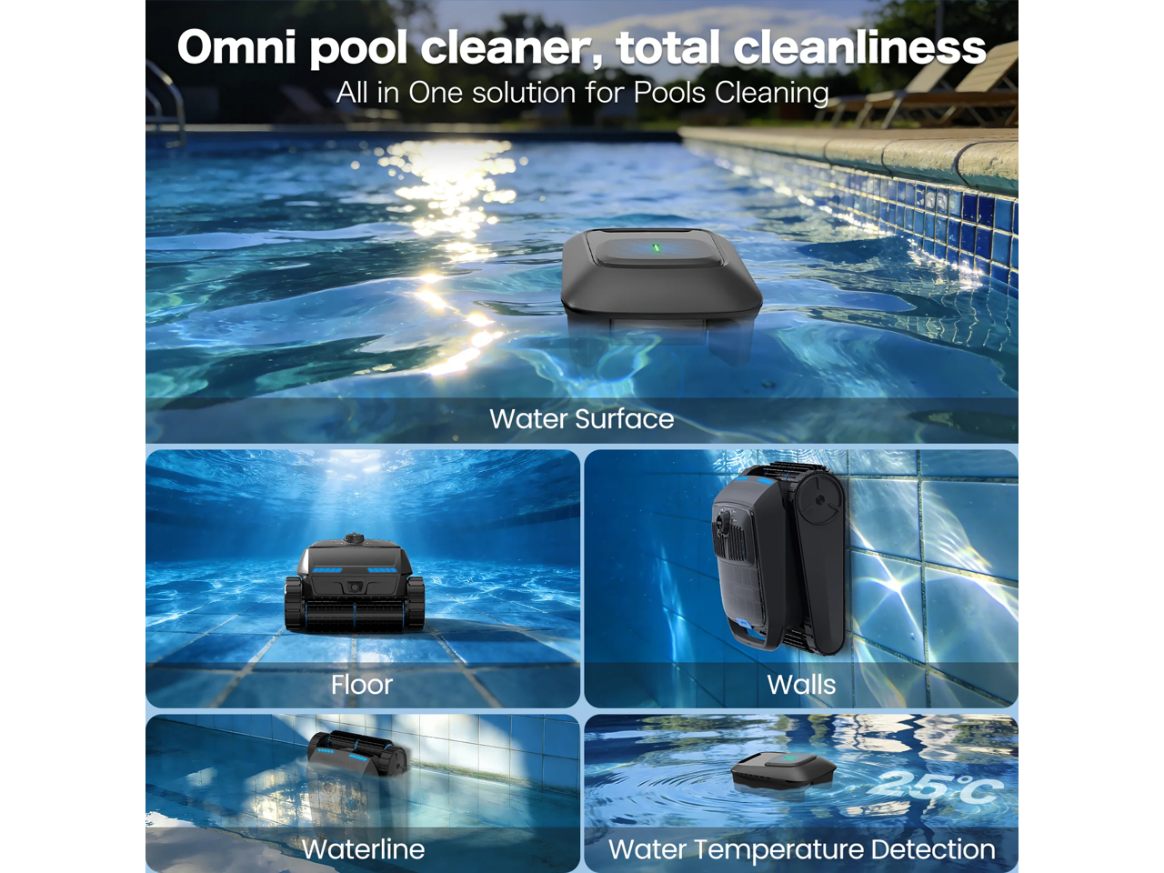 Omni pool cleaner, total cleanliness  
All in One solution for Pools Cleaning  
Water Surface  
Floor  
Walls  
Waterline  
Water Temperature Detection