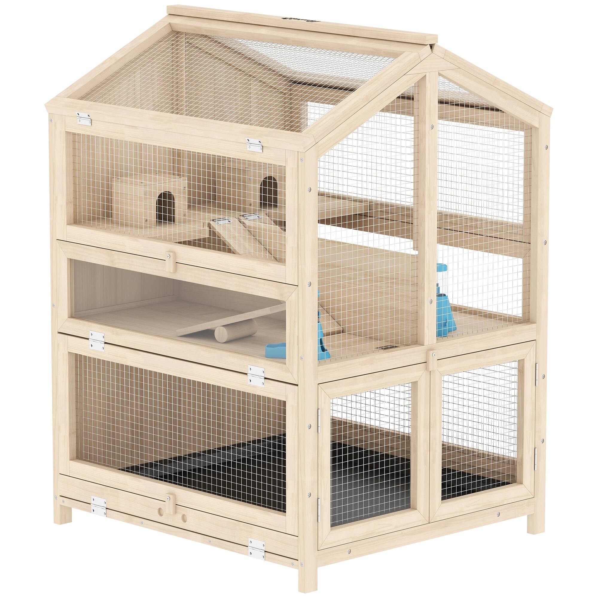 Front. Pawhut - Hamster Cage, Large 3 Tier Hamster Cage w/ Pull-Out Tray, Openable Top, Hut, Seesaws - Natural, Black, Clear.