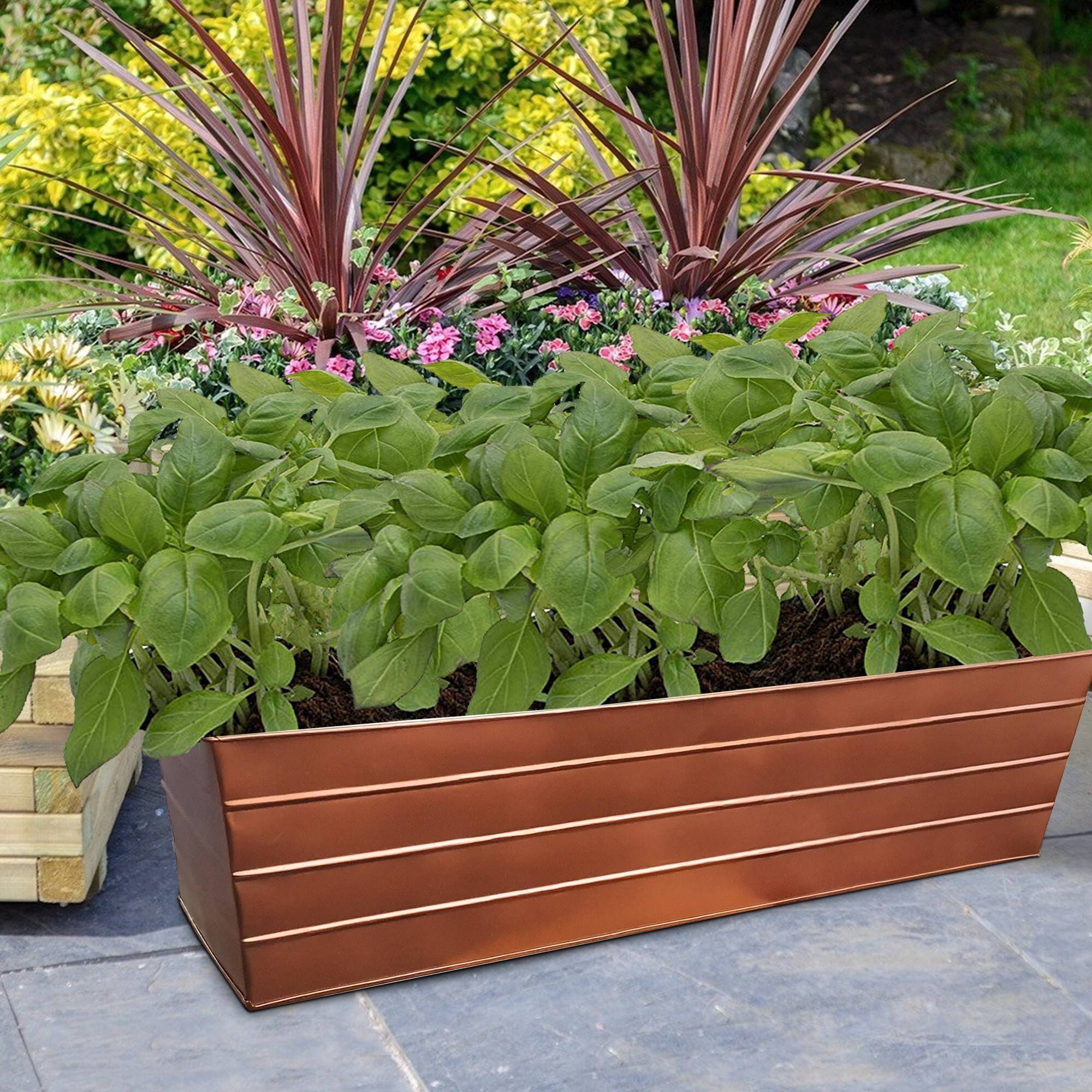Alt View 4. Manhattan Lane - Rectangular Metal Flower Planter Box with Embossed Line Design, Large - Copper.