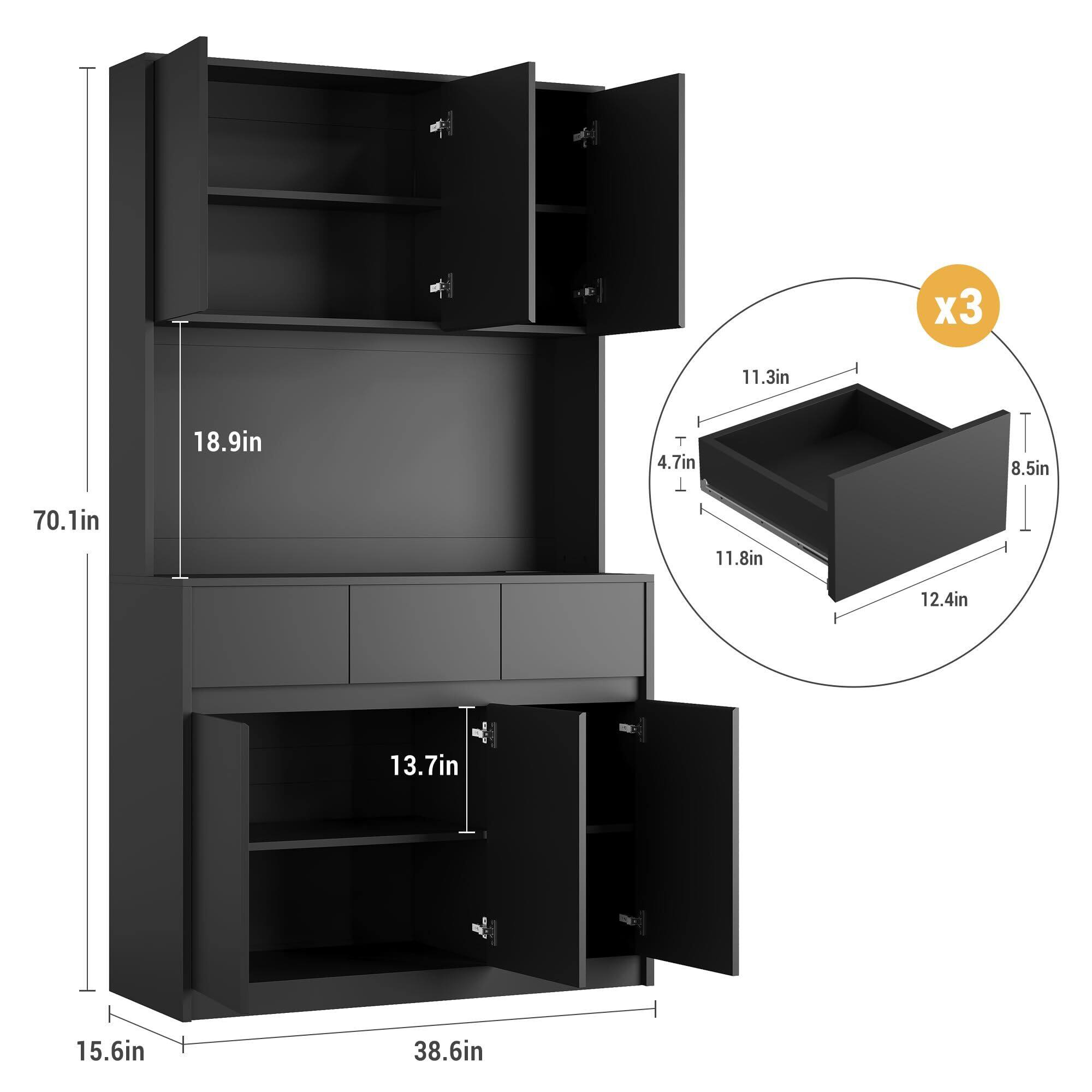 Sure, here is the corrected and grouped text from the image:

- Height: 70.1in
- Width: 38.6in
- Depth: 15.6in
- Top Cabinet:
  - Height: 18.9in
  - Depth: 13.7in
- Bottom Cabinet:
  - Height: 13.7in
- Drawer:
  - Height: 11.8in
  - Width: 12.4in
  - Depth: 11.3in
  - Height: 4.7in
  - Depth: 8.5in
- (x3)