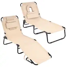 Costway - 2 PCS Beach Chaise Lounge Chair with Face Hole Pillows & Adjustable Backrest - Beige