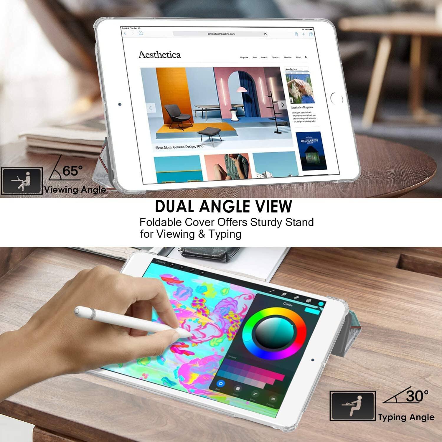 14% See-Den:30  
westbelcampcline.com  
Aesthetica  
This  
AM  
vara  
lective Magazine  
infortincialiad www.teleffellove escobliction  
Elena Mera, Gerean Design, 2016.  
65° Viewing Angle  
DUAL ANGLE VIEW  
Foldable Cover Offers Sturdy Stand for Viewing & Typing  
Color  
30° Typing Angle