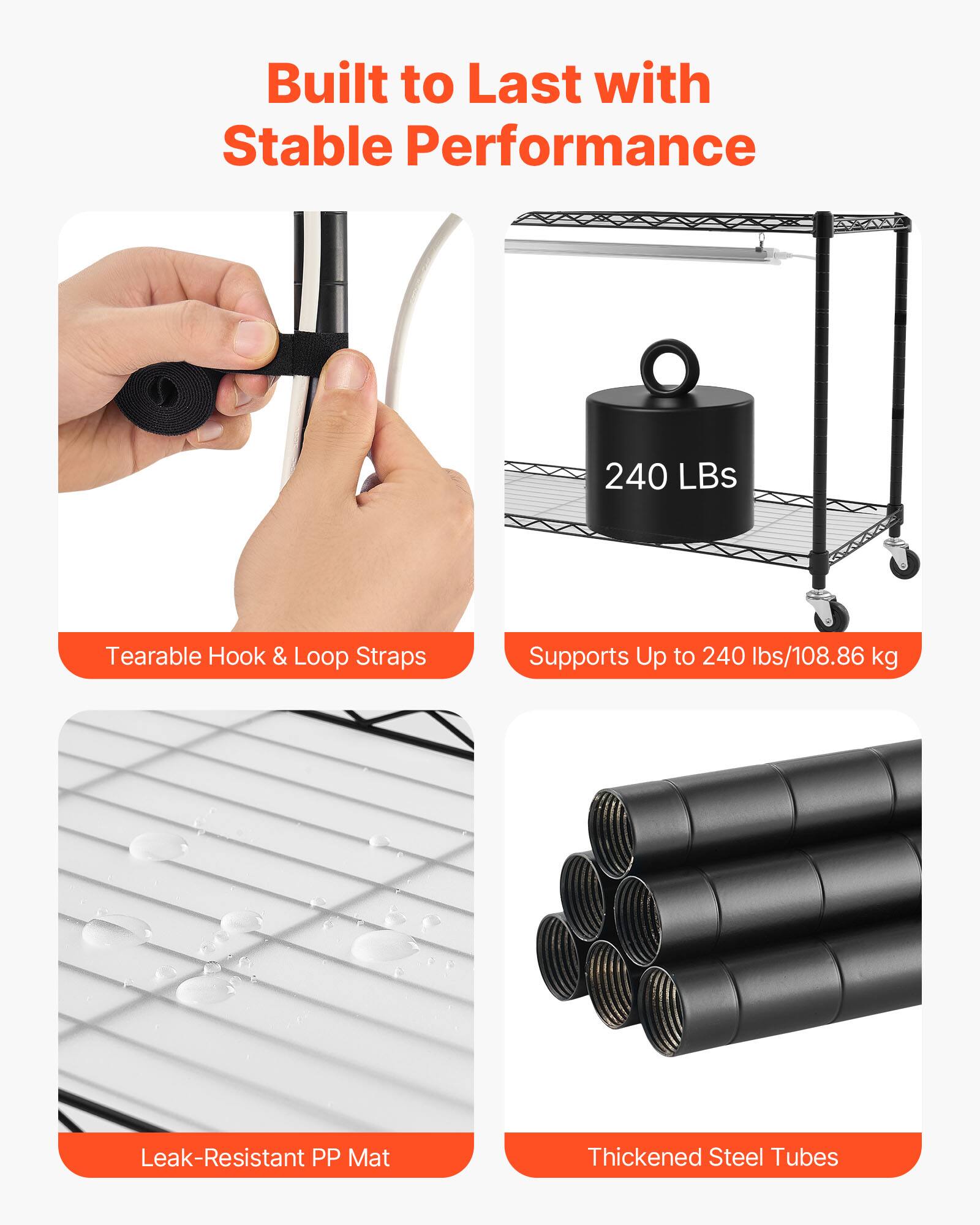 Built to Last with Stable Performance

- Tearable Hook & Loop Straps
- Supports Up to 240 lbs/108.86 kg
- Leak-Resistant PP Mat
- Thickened Steel Tubes