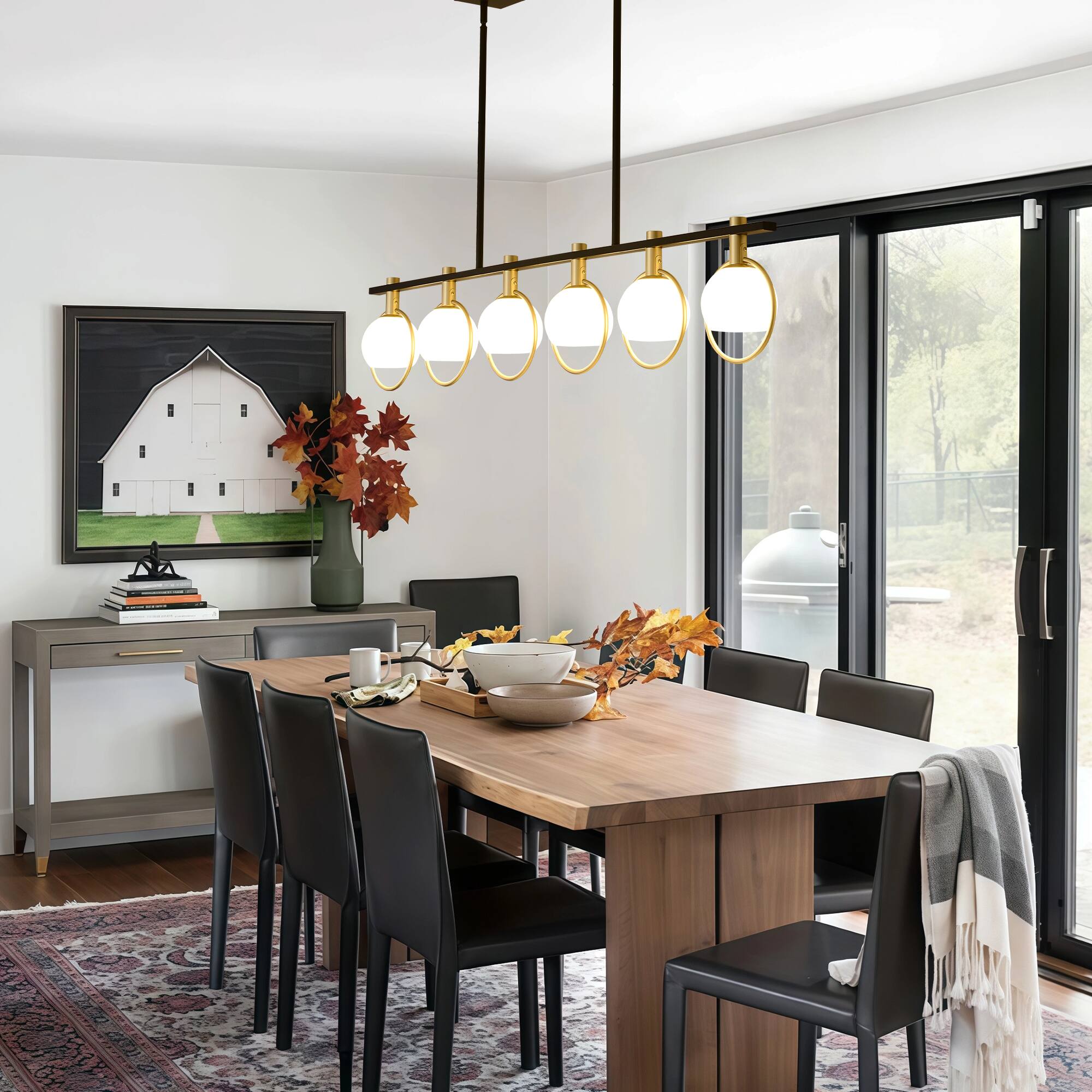 Left. RYHNUYNE - 6-Light Dining Room Light Fixture,Gold Kitchen Island Lighting with Milk Glass Shade, Linear Chandeliers for Kitchen Din - Black.