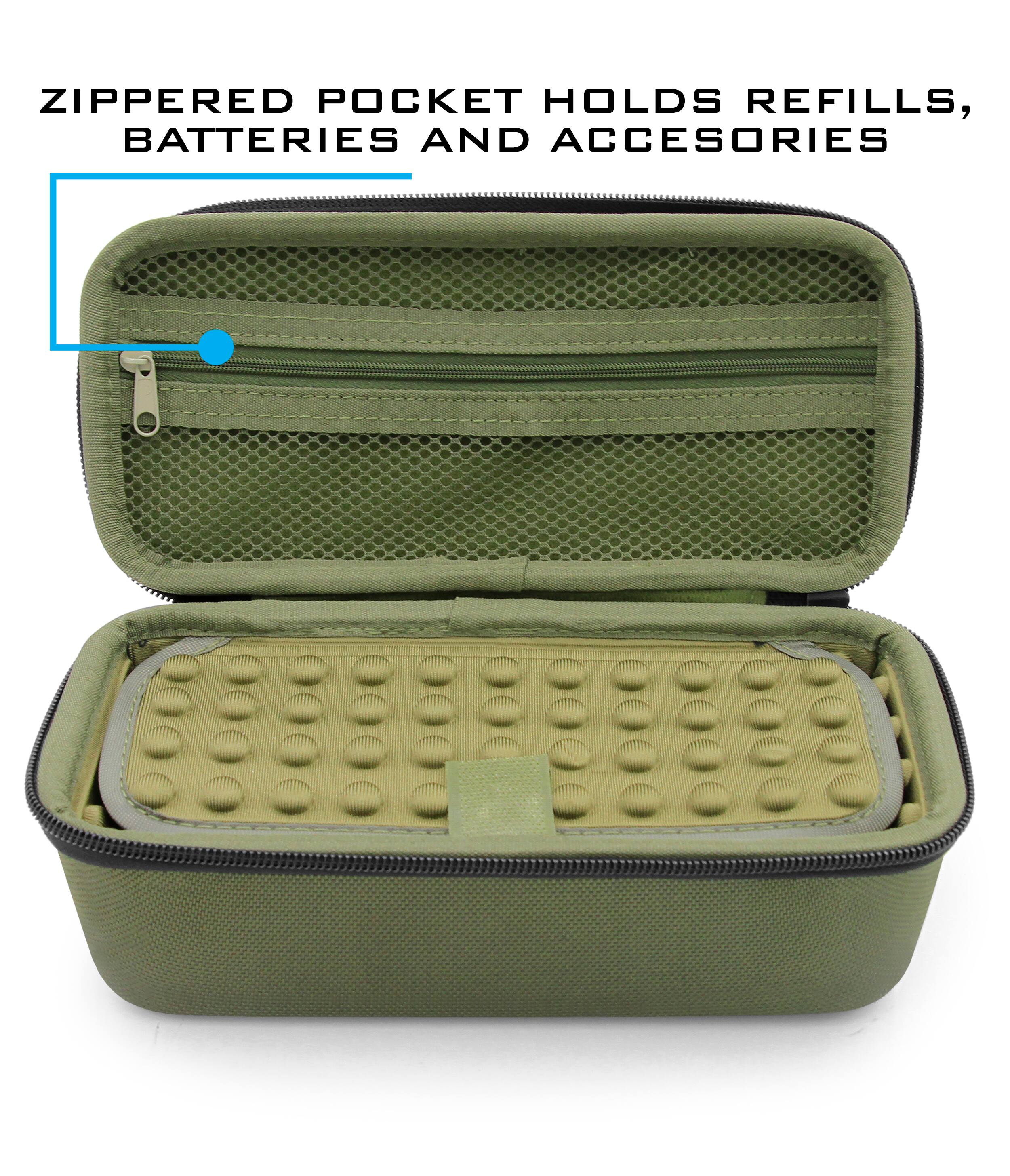 ZIPPERED POCKET HOLDS REFILLS, BATTERIES AND ACCESSORIES