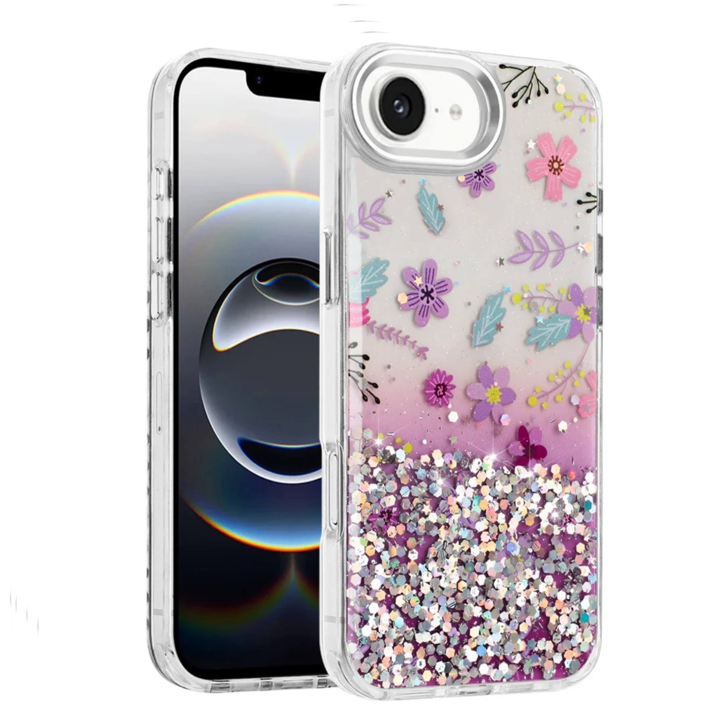 Angle. Kitcheniva - Cute In Mold Design Phone Case With Metallic Buttons And Tempered Glass For iPhone 16e 17e Purple Floral - Purple.