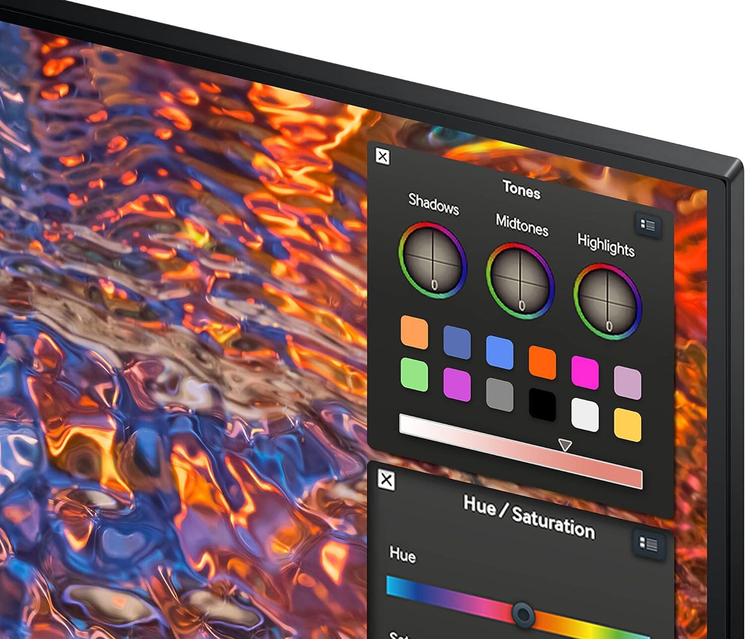 The text on the image reads:

Tones: Shadows, Midtones, Highlights
Hue: Hue, Saturation, Saturation

So, the correct text would be:

Tones: Shadows, Midtones, Highlights
Hue: Hue, Saturation, Saturation