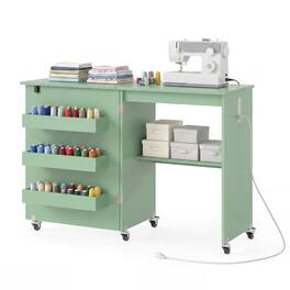 Costway - Folding Sewing Machine Table with Power Outlets, 3 Storage Bins & Open Shelf - Olive Green