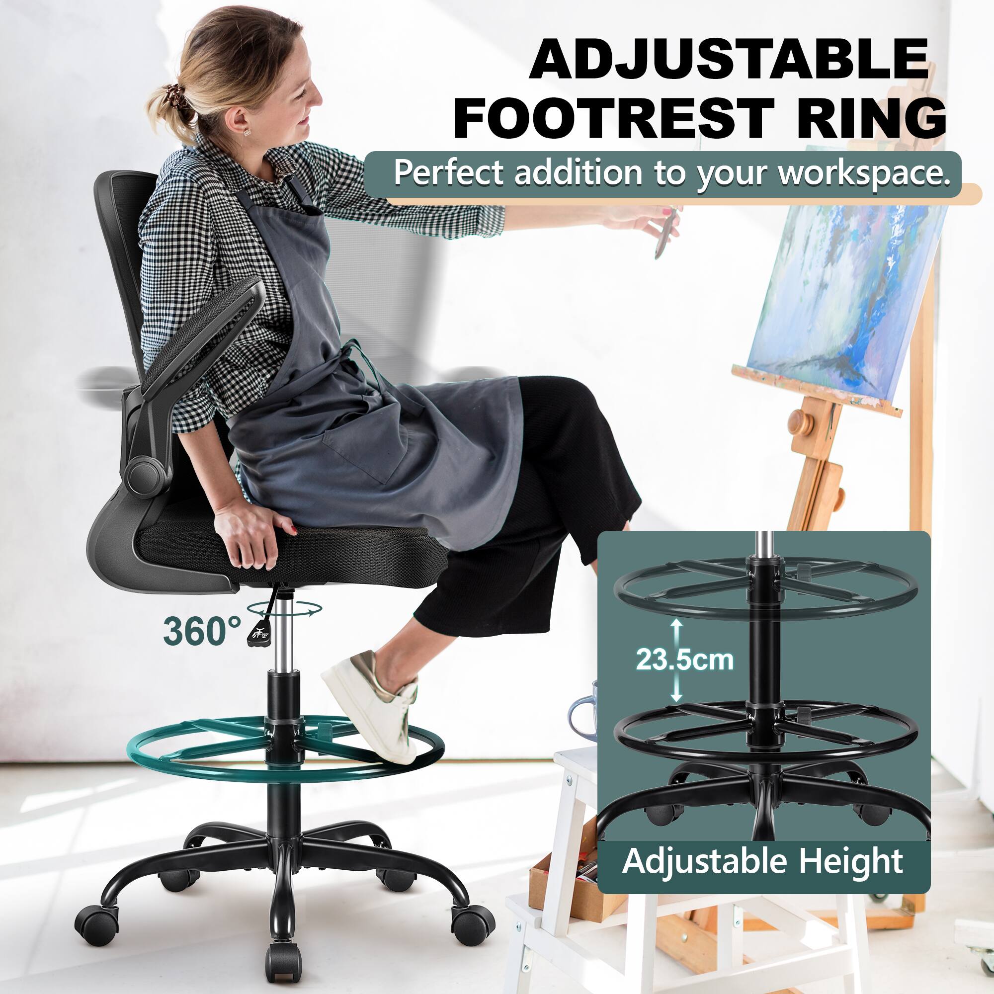 ADJUSTABLE FOOTREST RING  
Perfect addition to your workspace.  

360°  

23.5cm  
Adjustable Height
