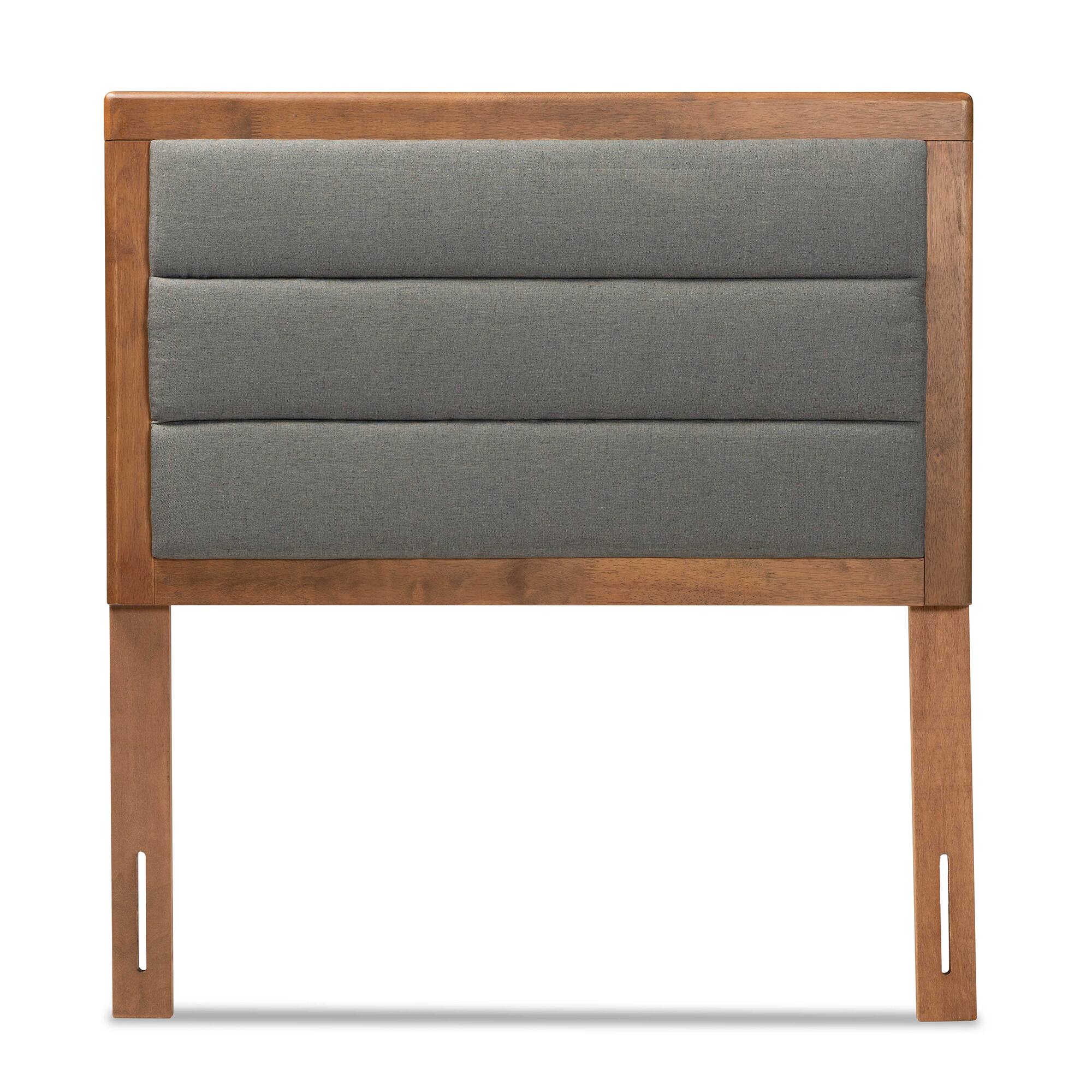 Angle. Baxton Studio - Dexter Modern and Contemporary Fabric Upholstered and Finished Wood Twin Size Headboard - Dark Grey/Walnut Brown.
