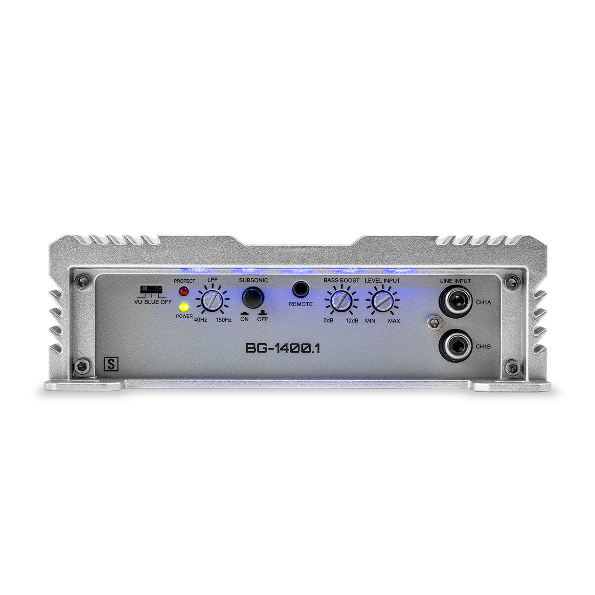 PROTECT LPF SUBSONIC BASS BOOST LEVEL INPUT LINE INPUT UV BLUE CFF REMOTE CH1A CH1B POWER 40Hz 150Hz ON OFF 0dB 12dB MIN MAX S BG-1400.1