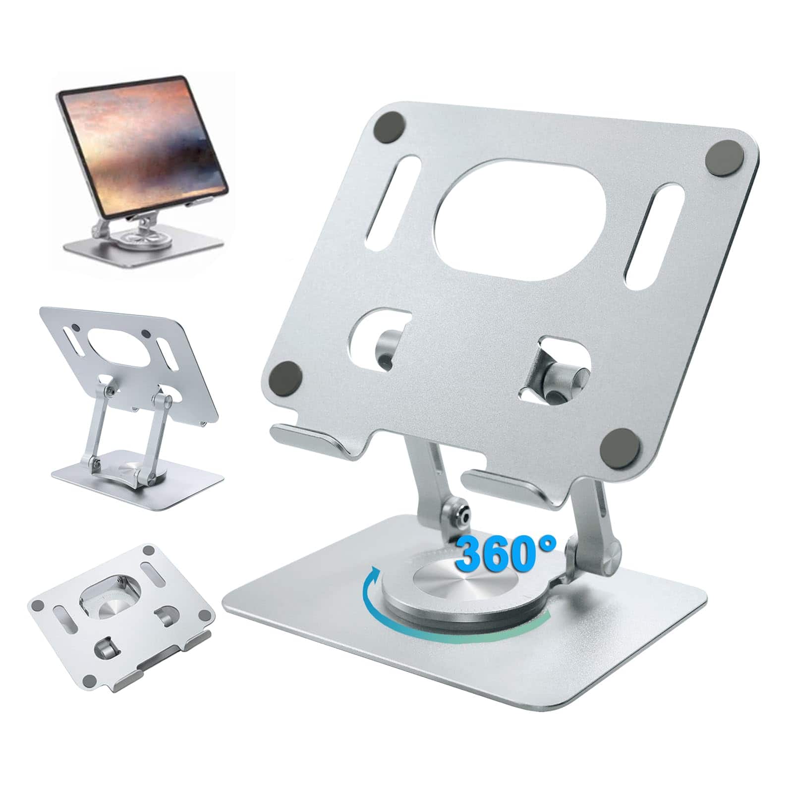 HongFei - Foldable Adjustable Drawing Tablet Stand for Desk iPad Holder Laptop Computer Riser 360 Rotating Ergonomic Aluminum - Silver