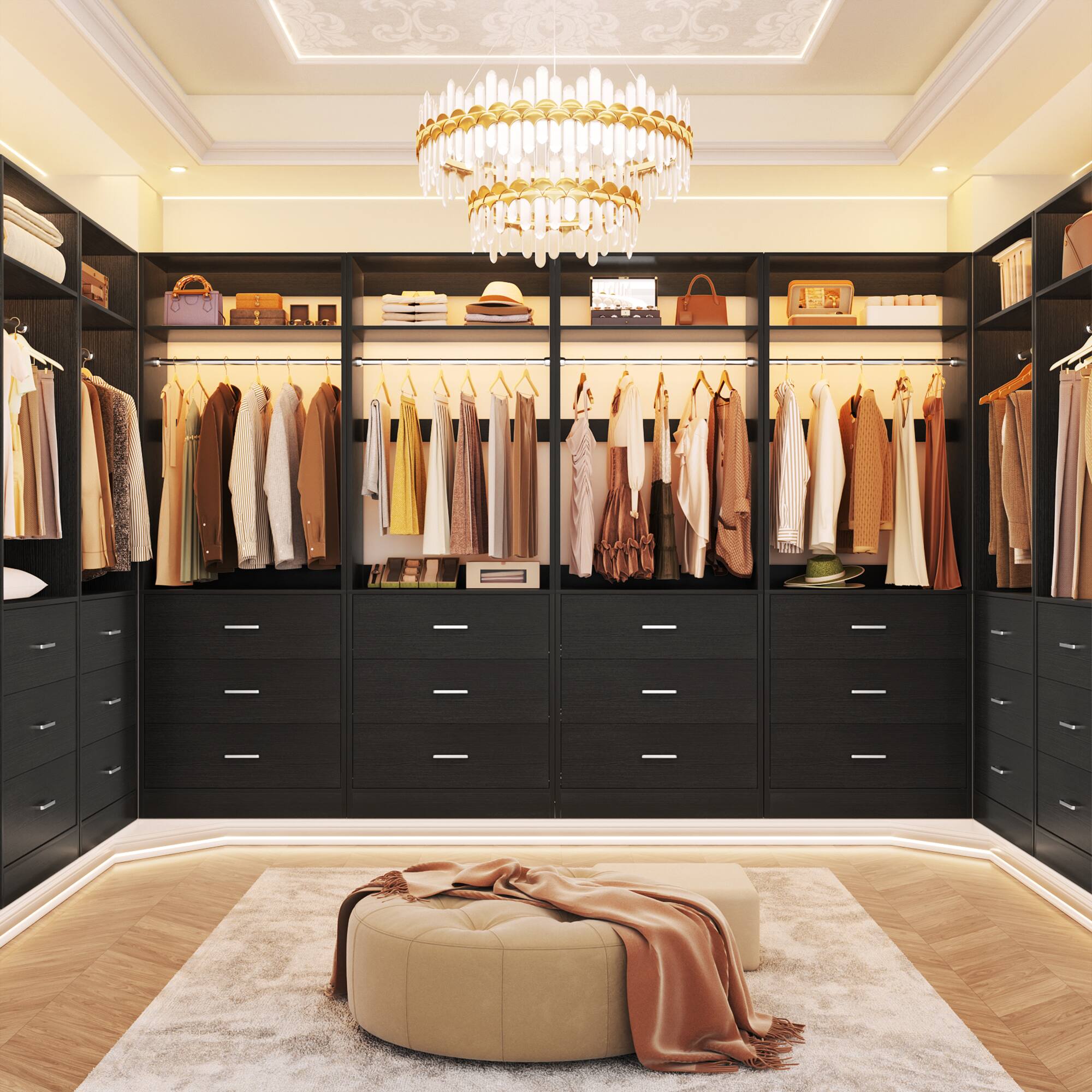 Left. Aheaplus - Set of 4 Heavy Duty 96" Walk-In Closet with 12 Wood Drawers, 4 Rods & 4 Shelves - Black.