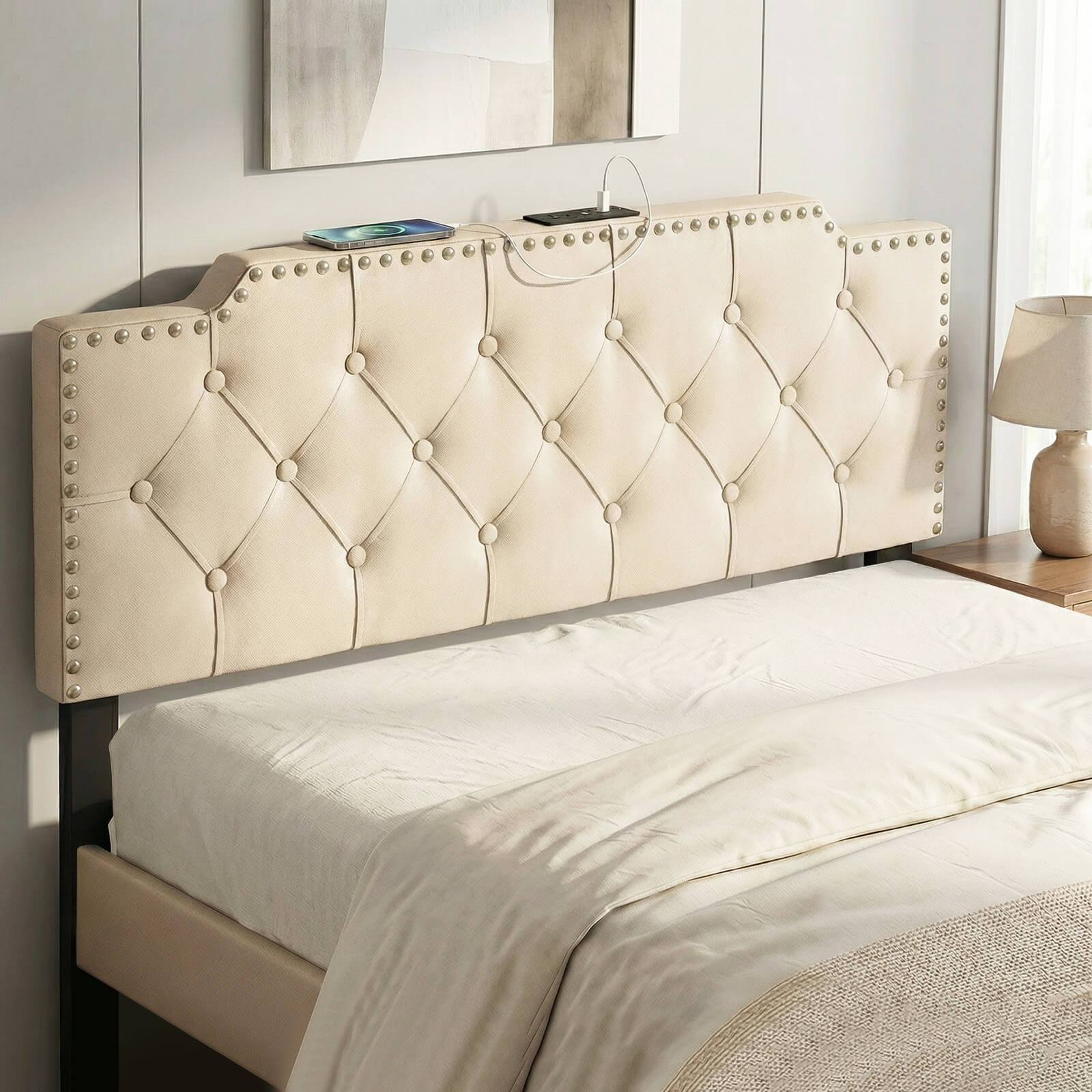 Alt View 4. Costway - Costway Headboard for Queen and Full Size Bed, Rivet Tufted Upholstered Head Board - Beige.